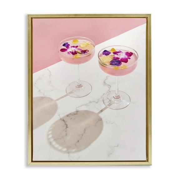Stupell Industries Pink Floral Cocktails Food & Beverage Painting Gold Floater Framed Art Print Wall Art, 17 x 21