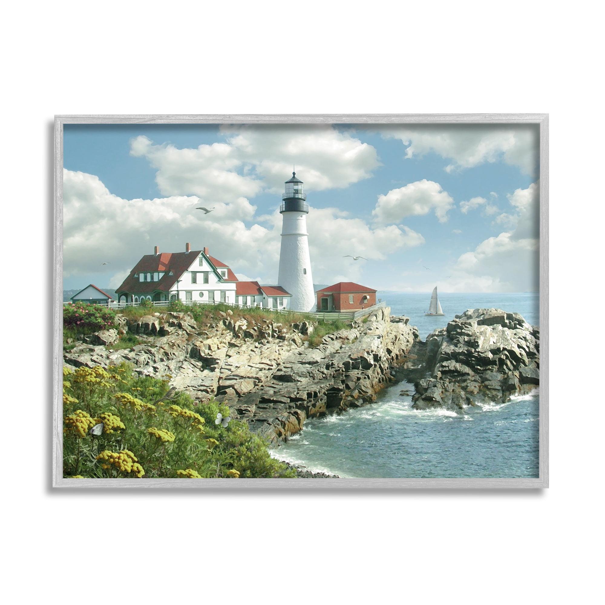 Stupell Industries Portland Head Lighthouse Scene Grassy Ocean Side Peninsula with Sail Boat, 16 x 20,Design by Alan Giana & Company