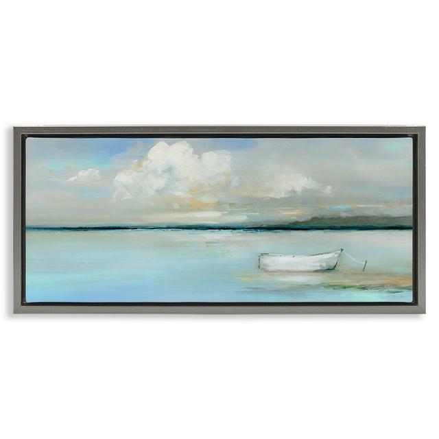 Stupell Industries Barco Tranquilo Atracado Pintura de Paisaje Flotador Gris Lienzo Enmarcado Arte de la Pared, 25 x 11