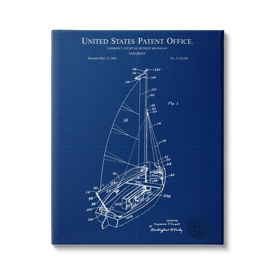 Stupell Industries " Sailboat Watercraft Blue Patent Office Diagram Blueprint " by Karl Hronek