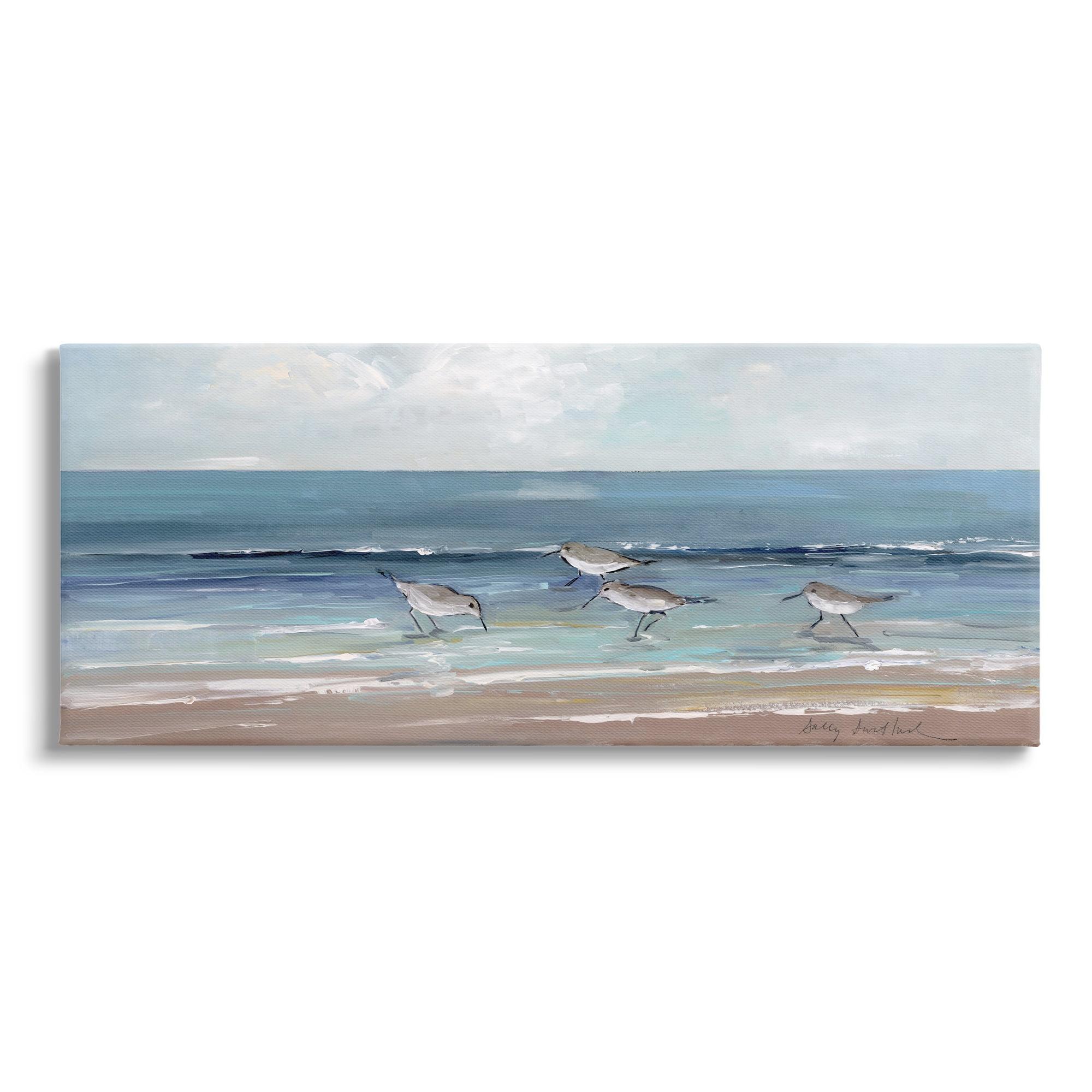 Sandpipers on Beach Blue and Beige Canvas Wall Art