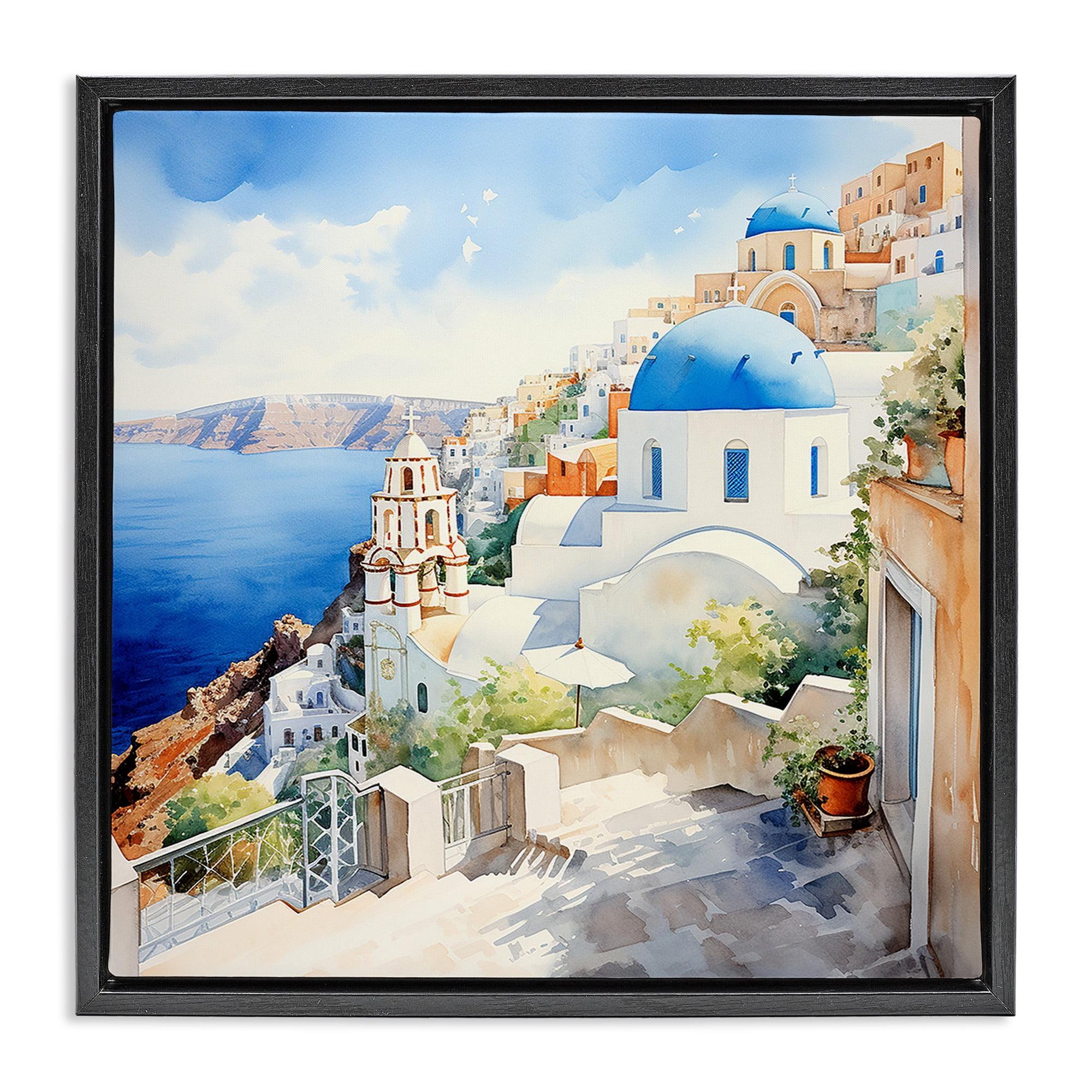 Stupell Industries Santorini City Landscape Travel & Places Painting Black Floater Framed Canvas Art Print Wall Art, 18 x 18
