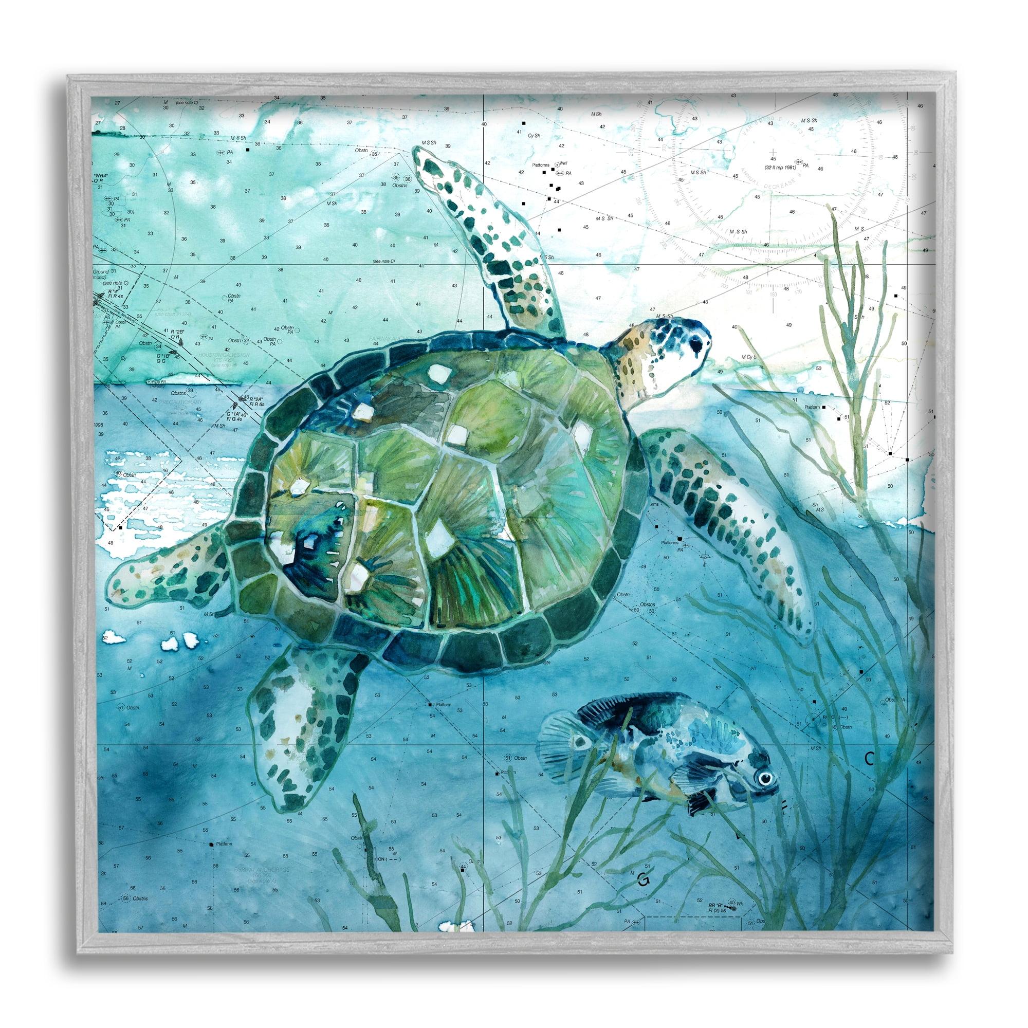 Gray Framed Sea Tortoise and Fish Nautical Wall Art, 12 x 12