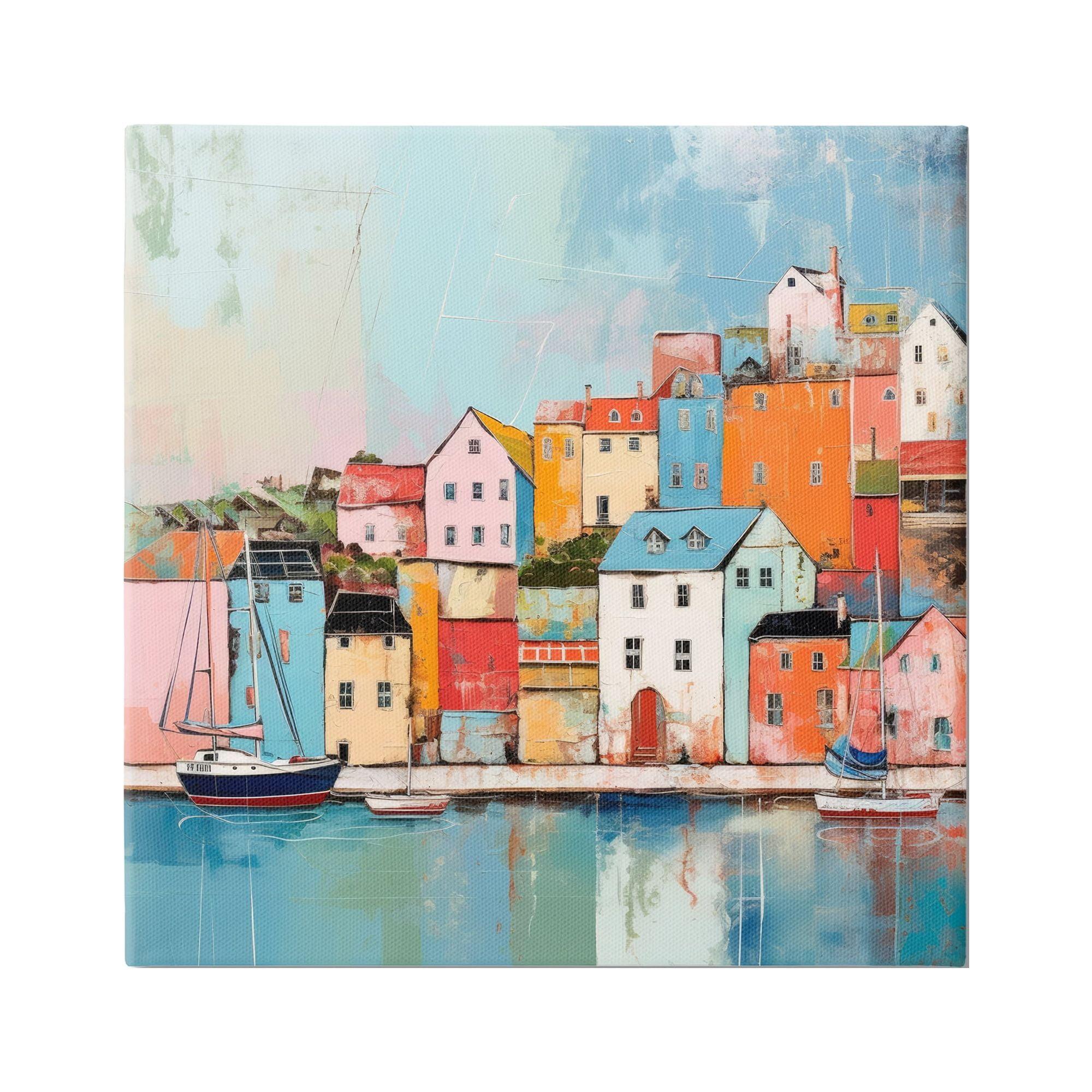 Colorful Seaside Town Landscape Canvas Art Print, 24 x 24