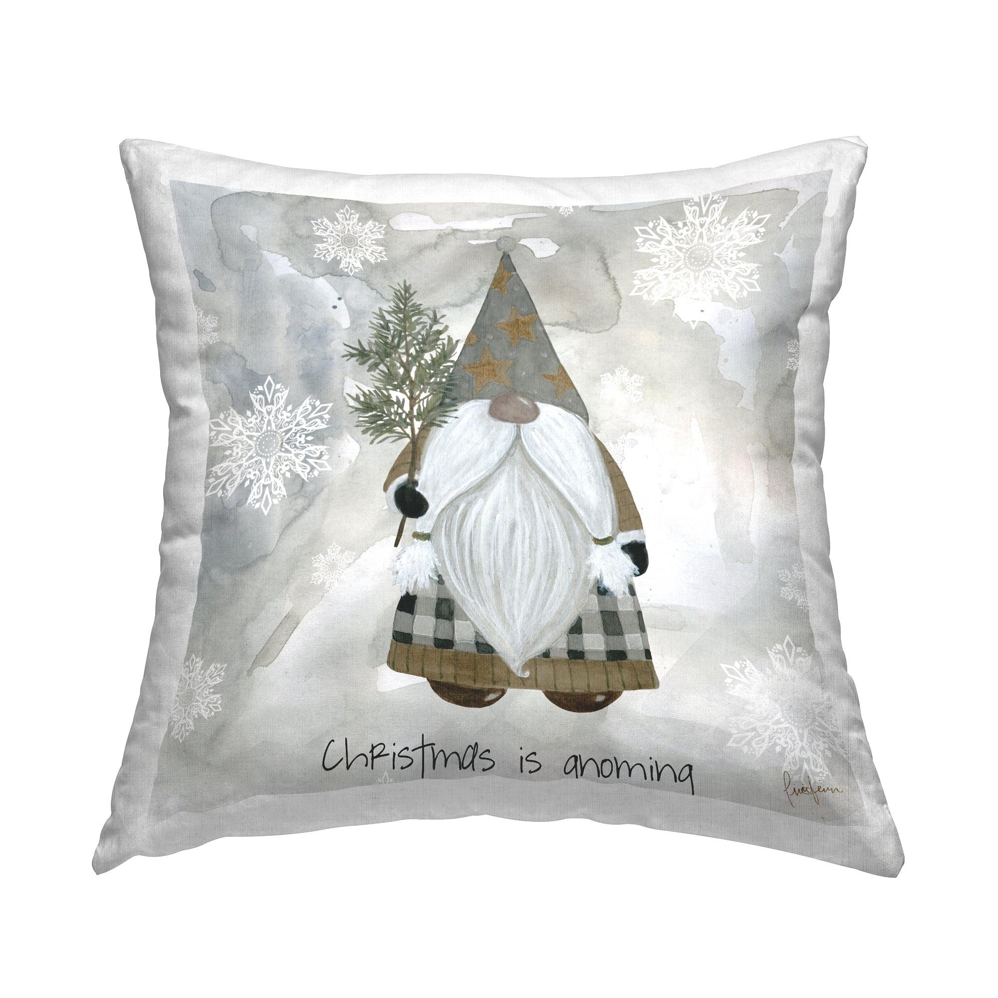 Holiday Gnome Gray and White Square Throw Pillow