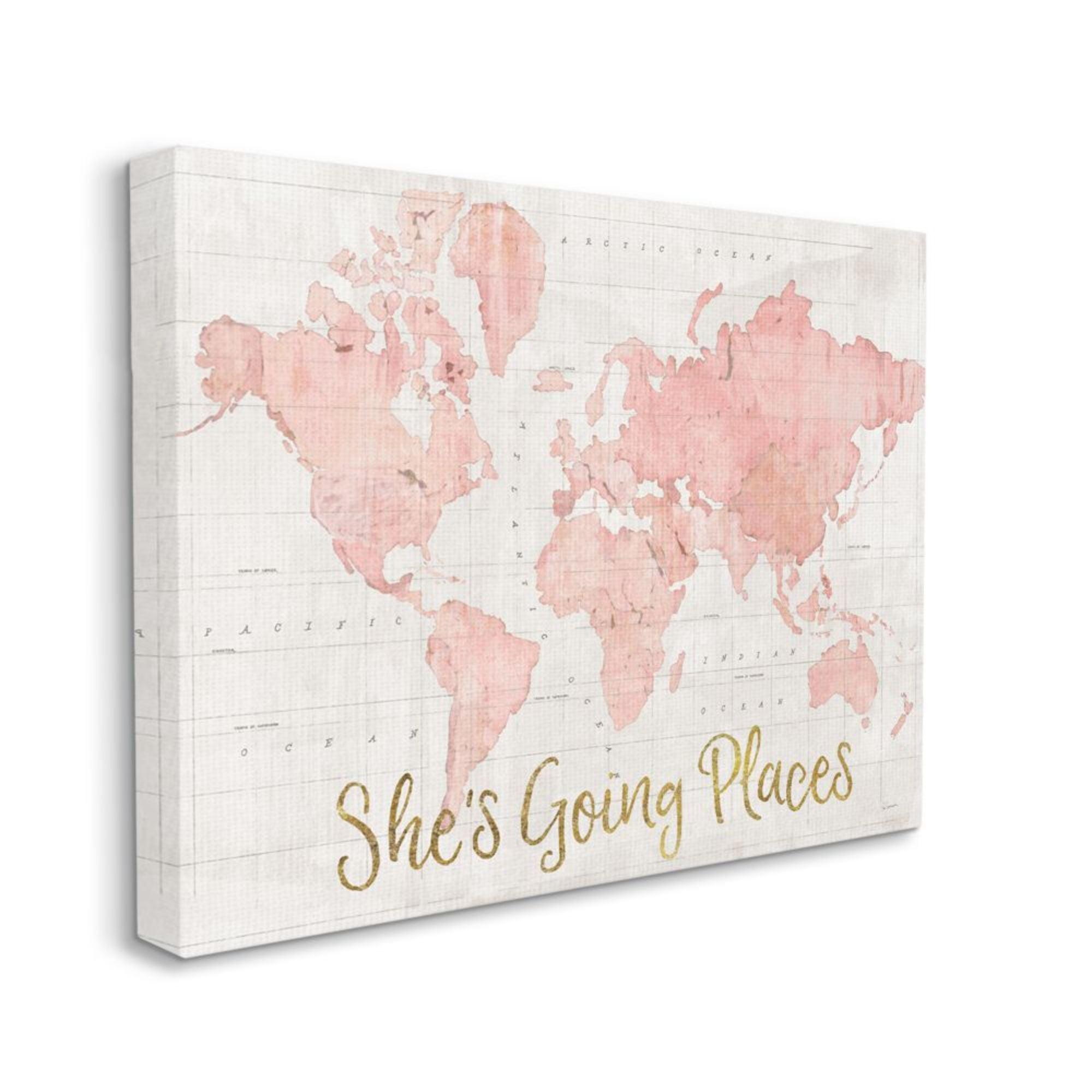 Stupell Industries She's Going Places Quote Pink Watercolor World Map by Sue Schlabach - Print