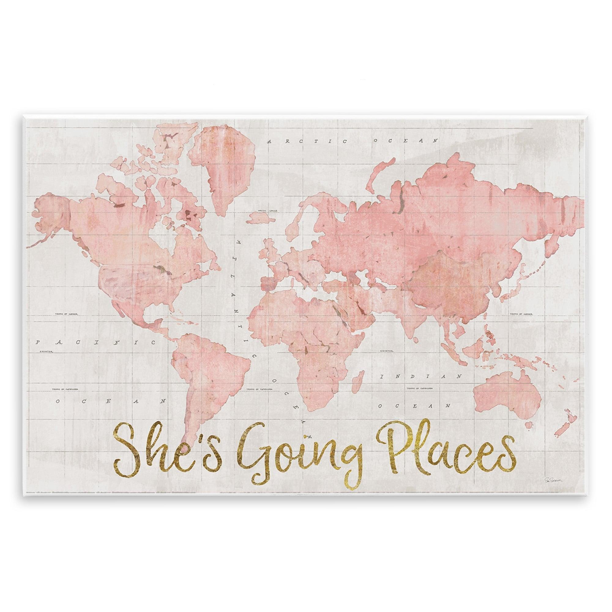 Stupell Industries She's Going Places Quote Pink Watercolor World Map by Sue Schlabach - Print