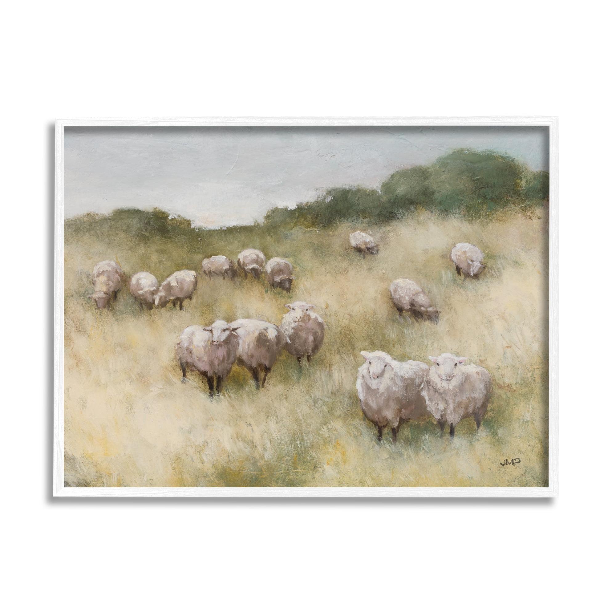 Sheep Herd in Rural Grassland Canvas Print with White Frame