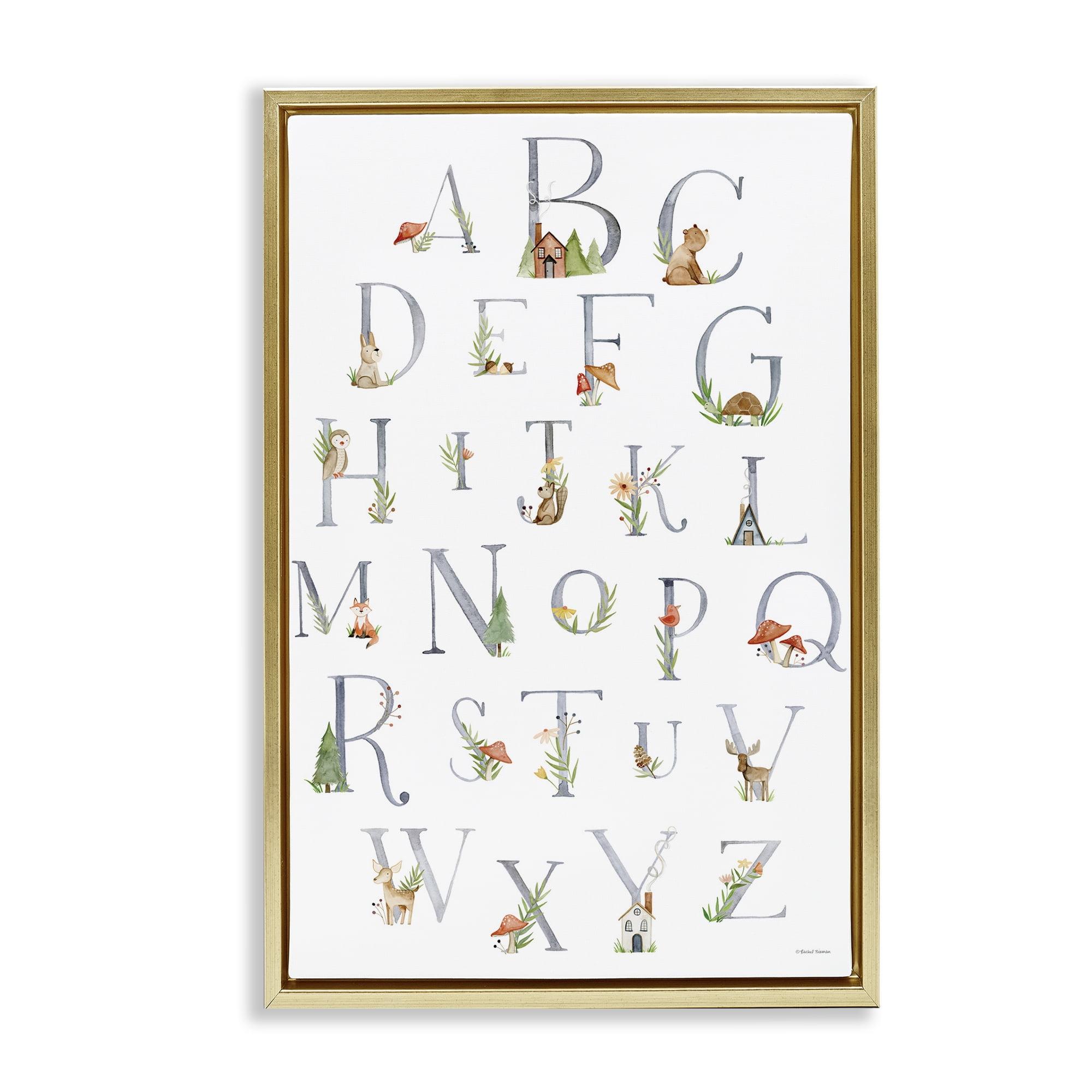 Stupell Industries Soft Cottage Alphabet Town & City Painting Gold Floater Framed Art Print Wall Art, 21 x 31