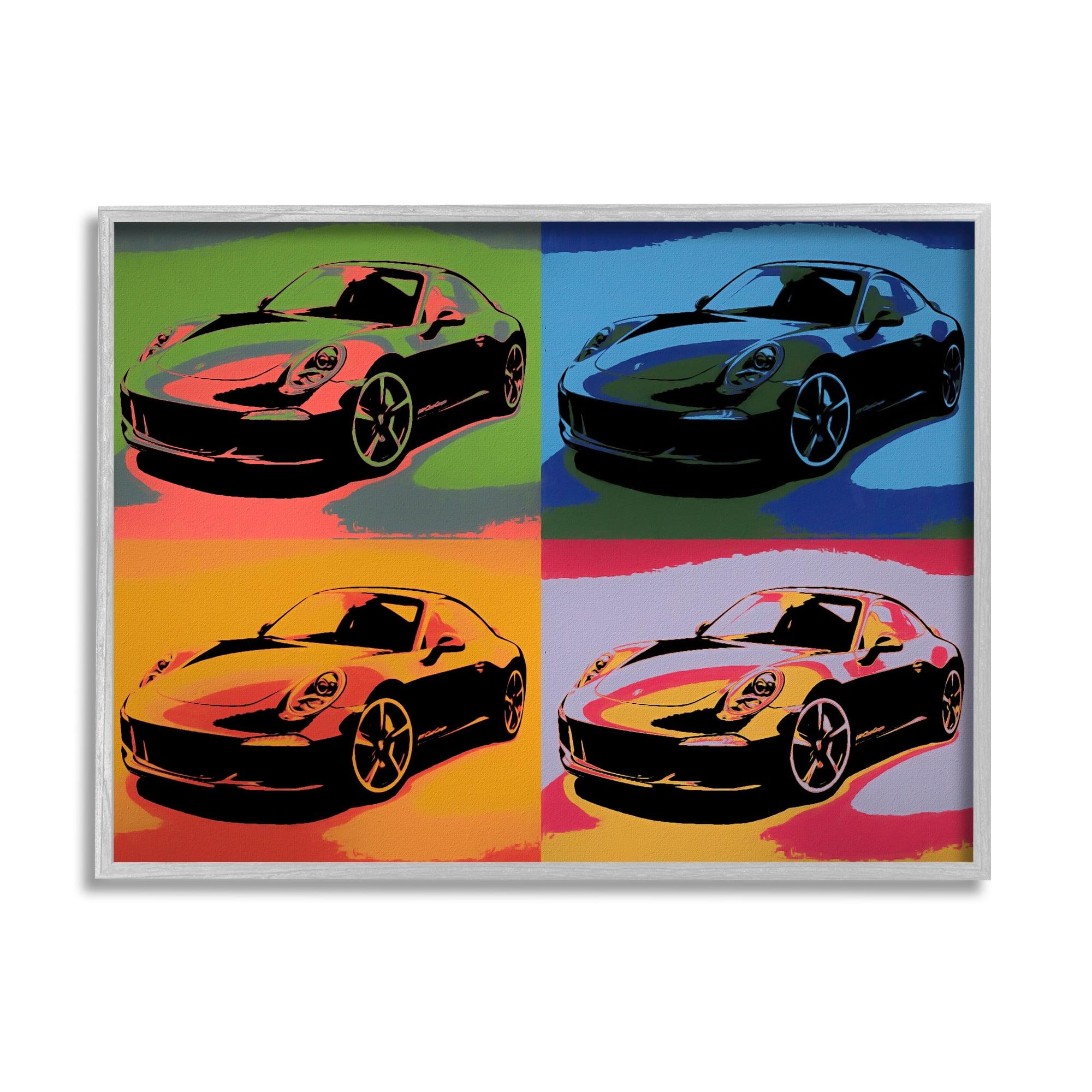 Colorful Sports Car Pop Art Canvas Print with Gray Frame