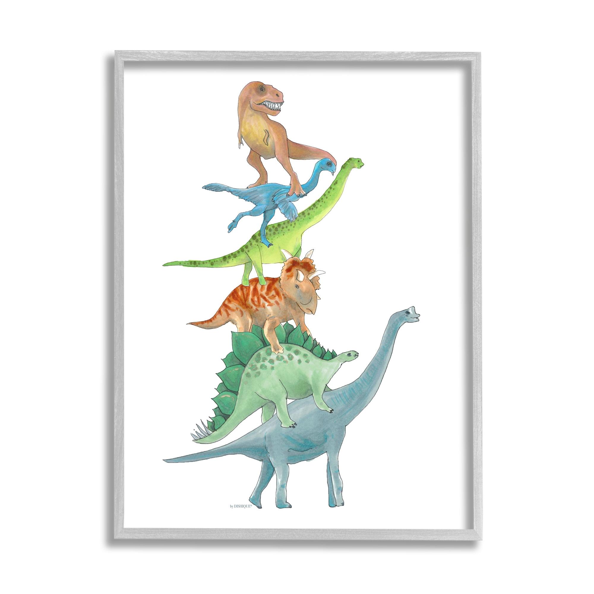 Stacked Dinosaurs Illustration on Gray Framed Canvas