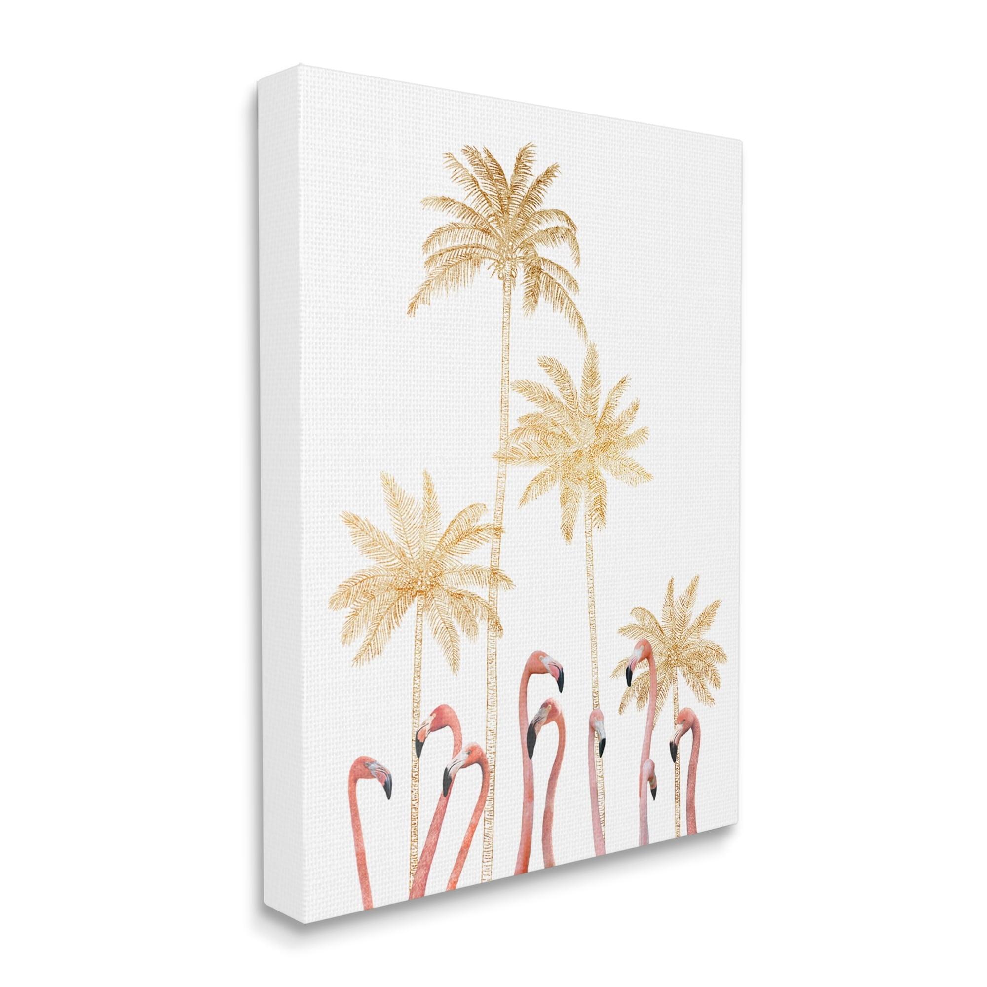 Stupell Industries Tall Flamingoes Golden Palm Trees over White Gallery Wrapped Canvas Wall Art, 24 x 30