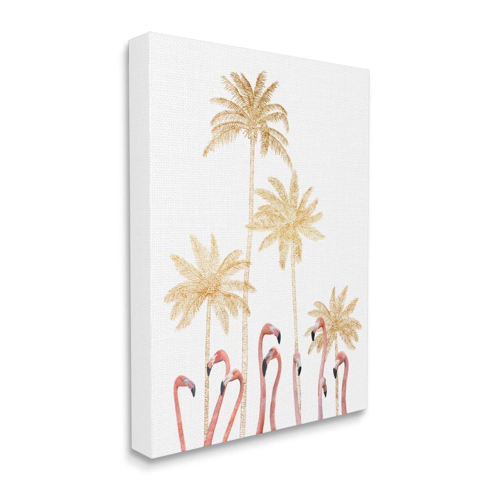 Stupell Industries Tall Flamingoes Golden Palm Trees over White