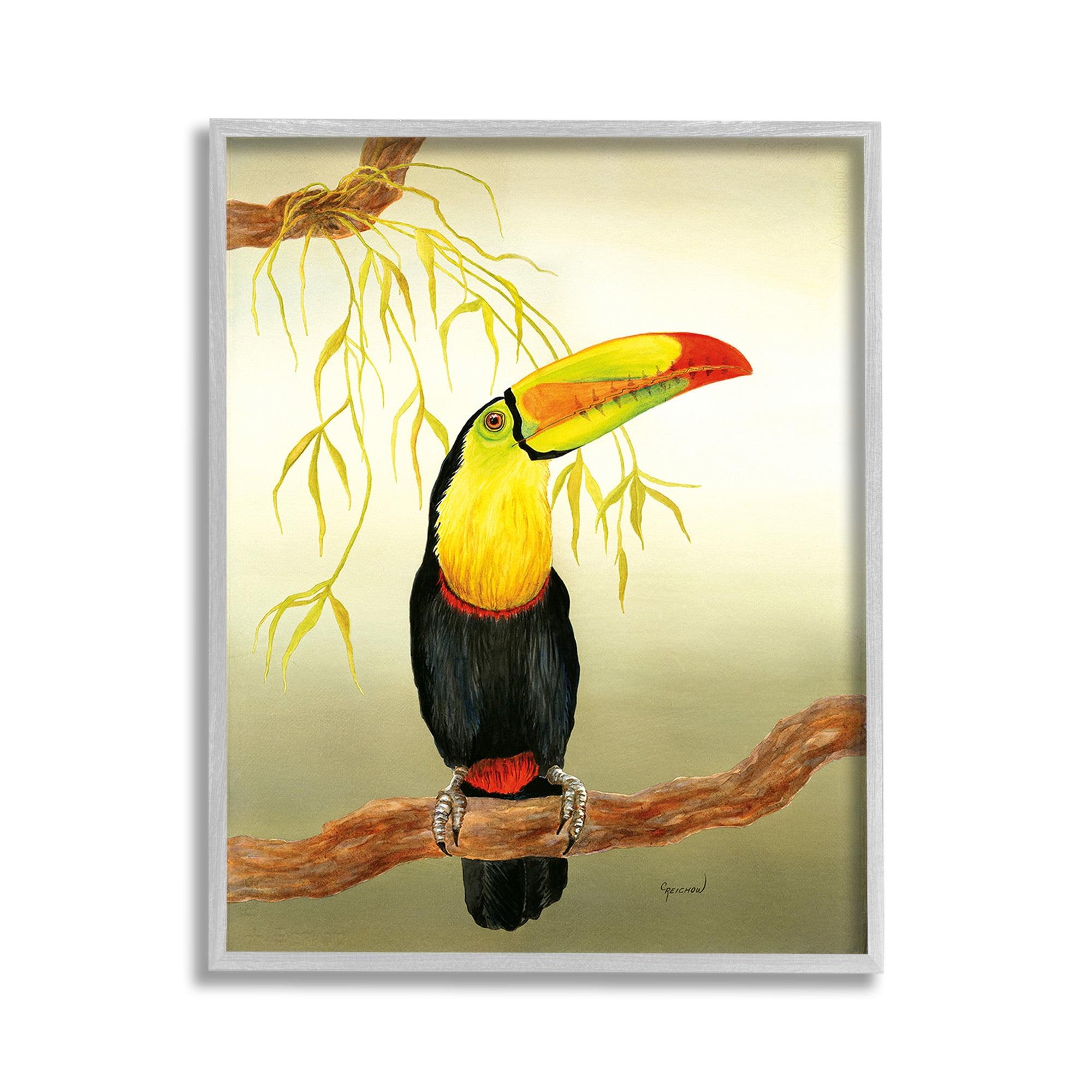 Stupell Industries Toucan on Forest Branch Animals & Insects Painting Gray Framed Art Print Wall Art, 11 x 14