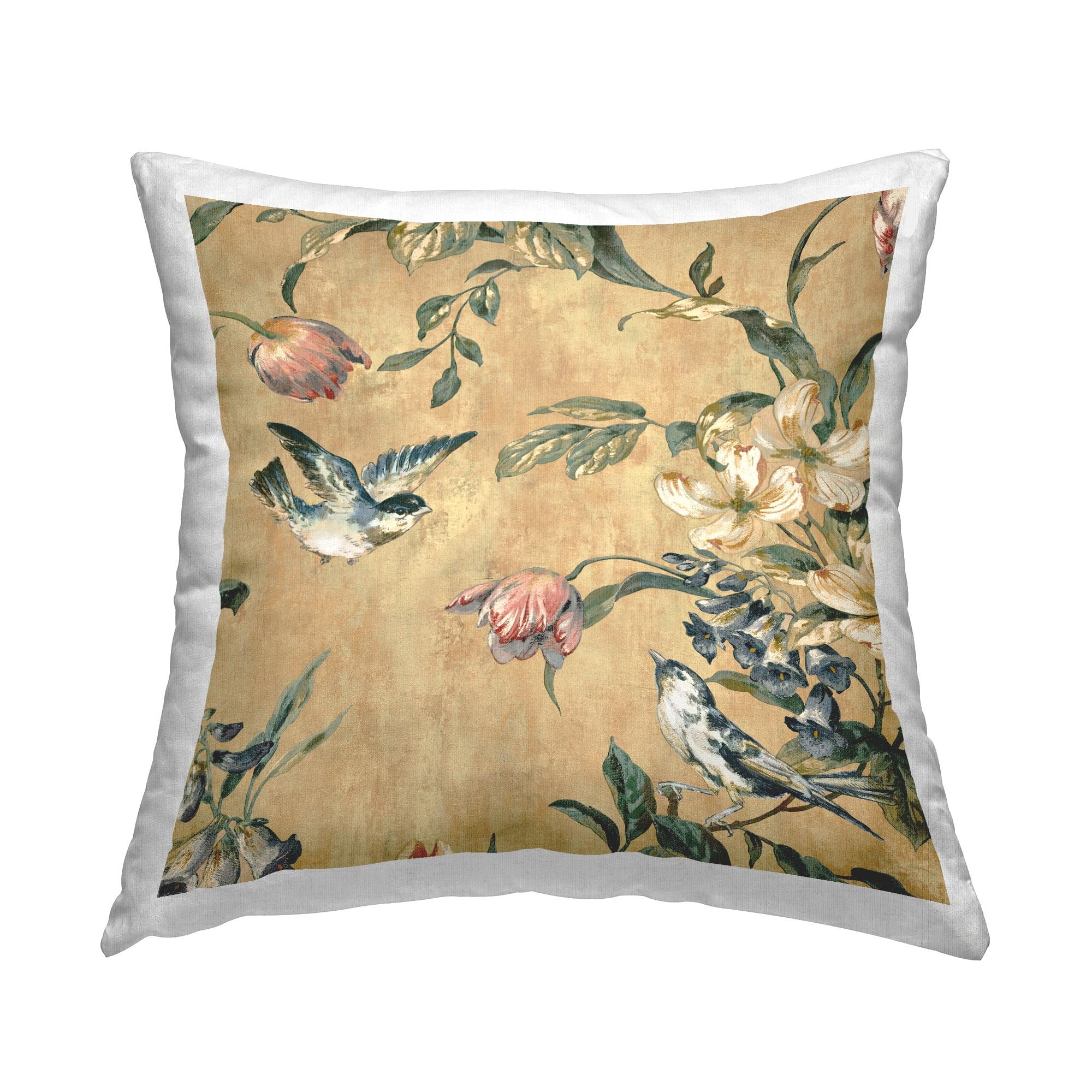 Traditional Birds Floral Branches 18" Square Throw Pillow Set