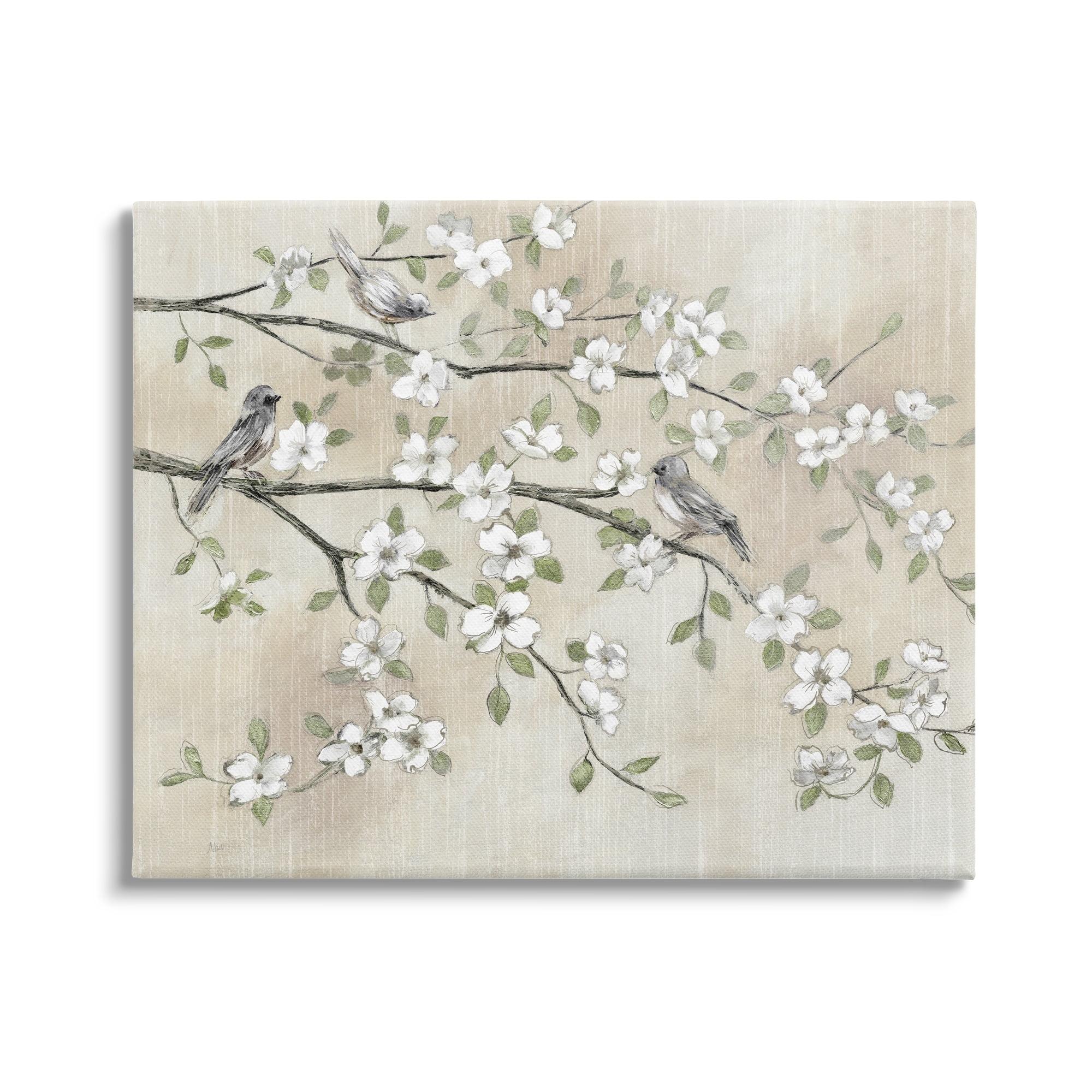 White Cherry Blossom Birds Branches Canvas Wall Art