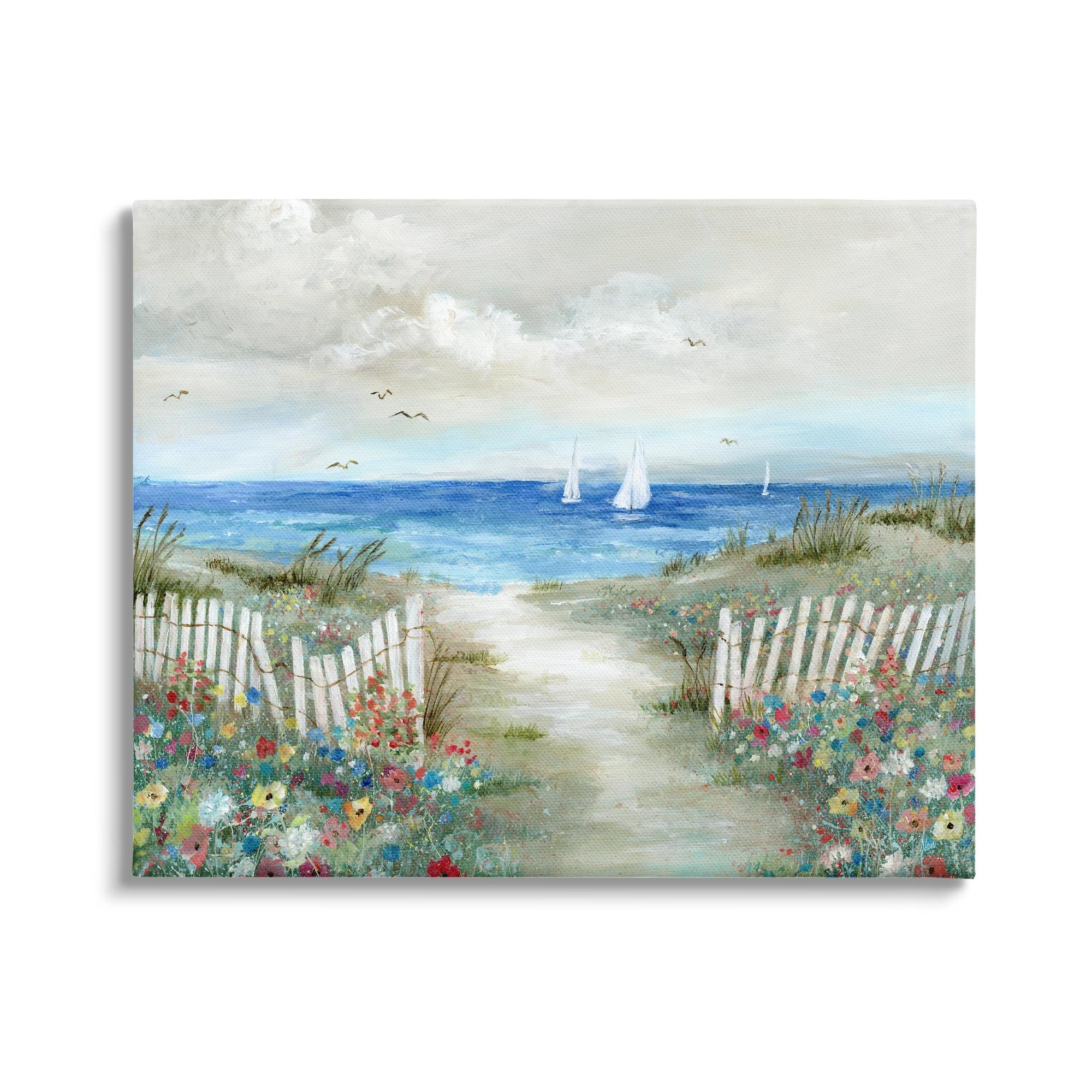 Stupell Industries " Tranquil Beachside Flower Meadow Ocean Sailboats Scene " by Nan Painting Print