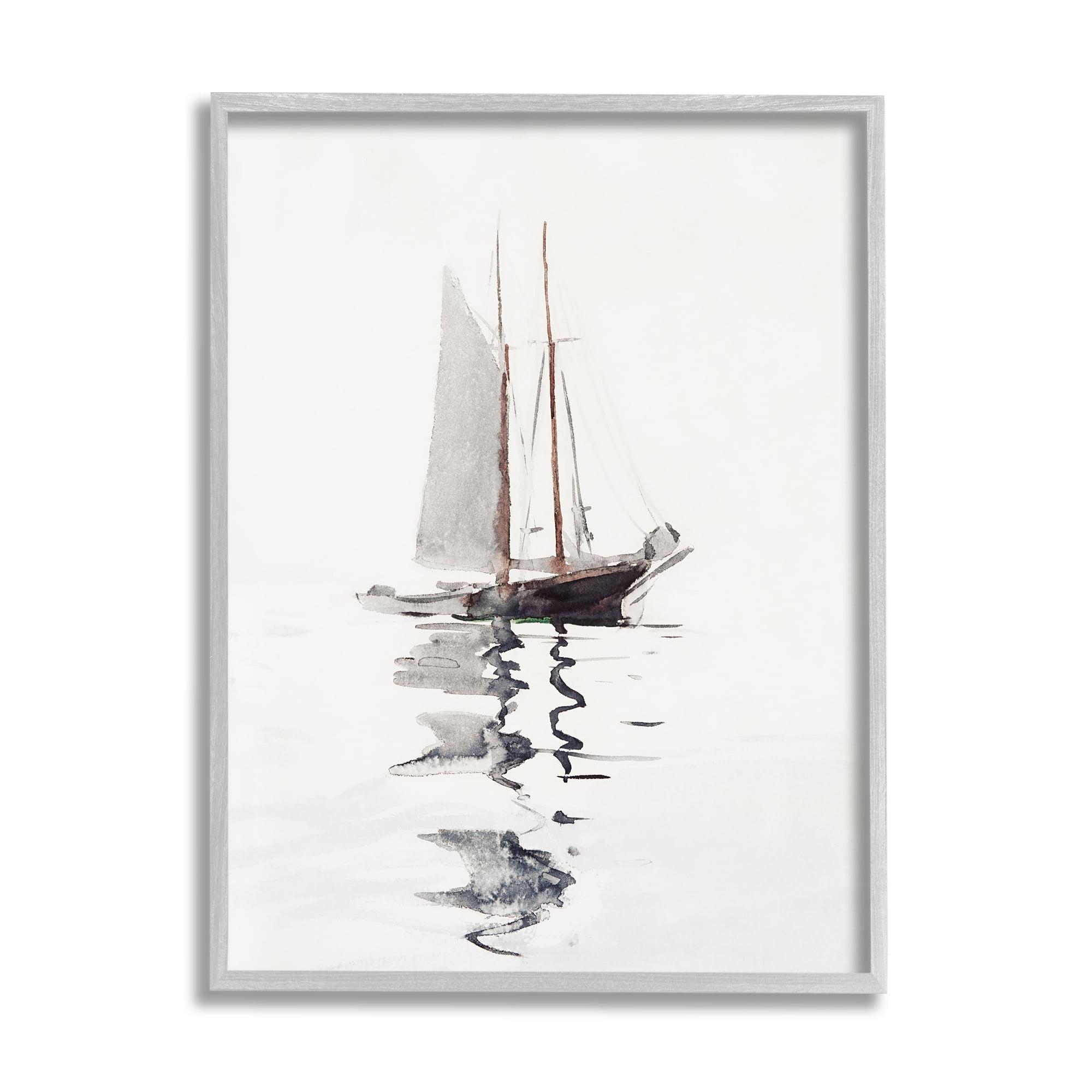 Stupell Industries Tranquil Sailboat Vessel Floating Lone Ocean Reflection Painting Gray Framed Art Print Wall Art, Design by Lettered and Lined