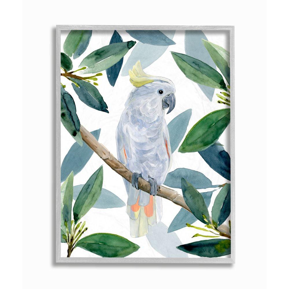 Stupell Industries Tropical Cockatoo Bird Greenery Branches Framed Wall Art Design by Annie Warren, 11" x 14", Gray Framed