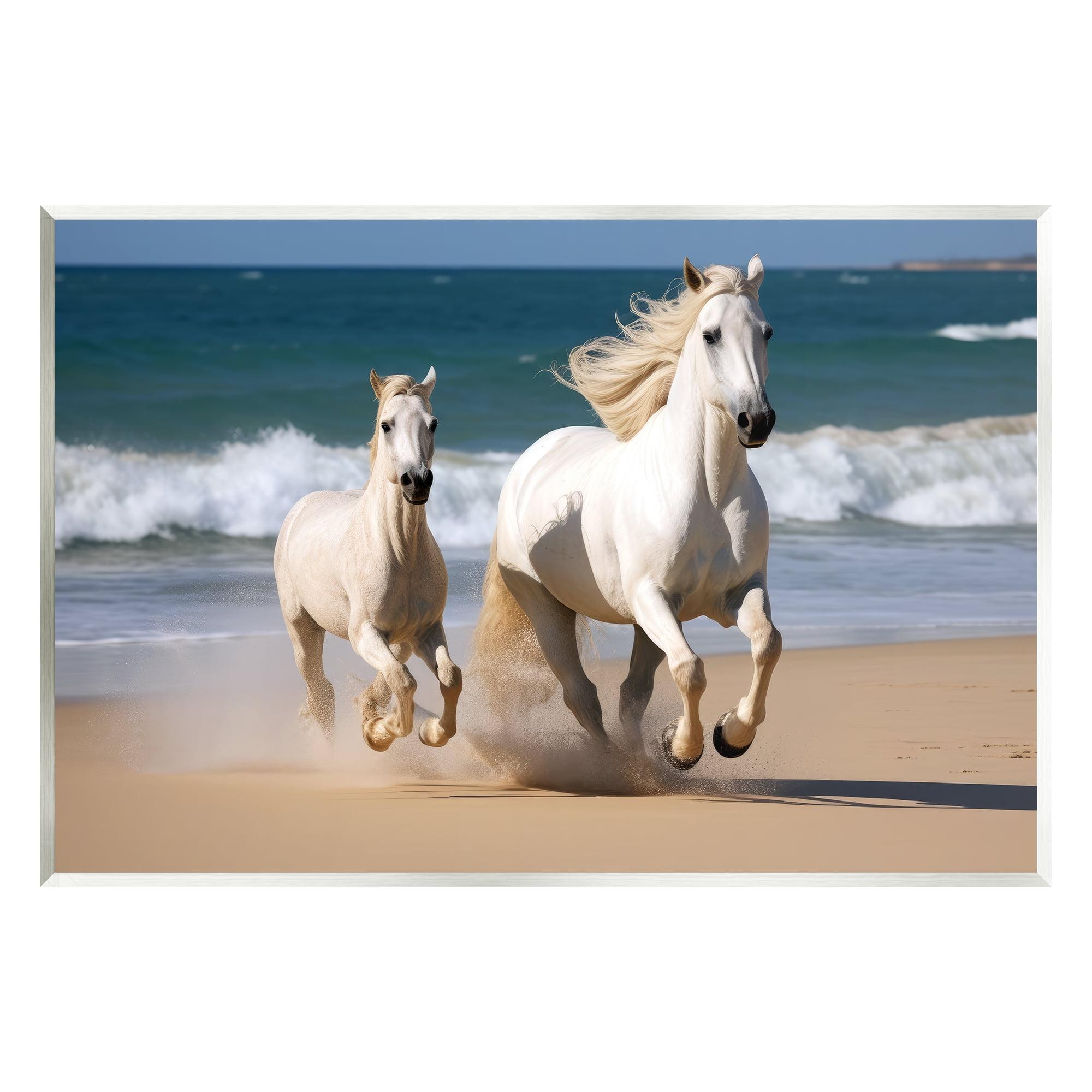 White Horses on Beach MDF Wood Wall Art 15 x 10