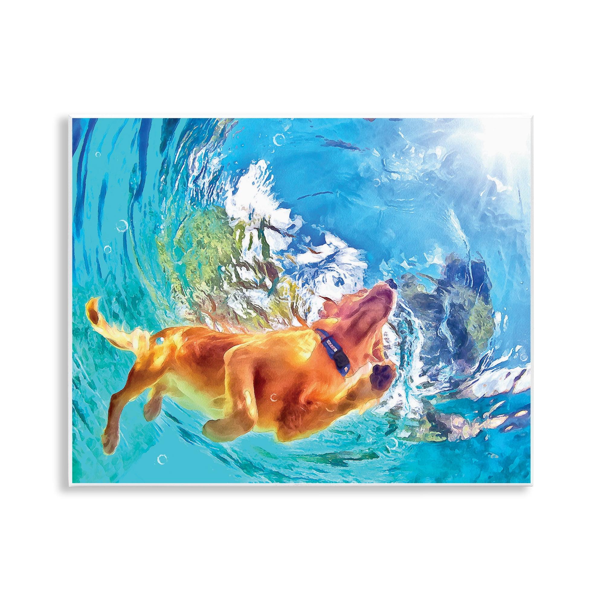 Underwater Swimming Dog Art Print on MDF Wood, 14 x 11