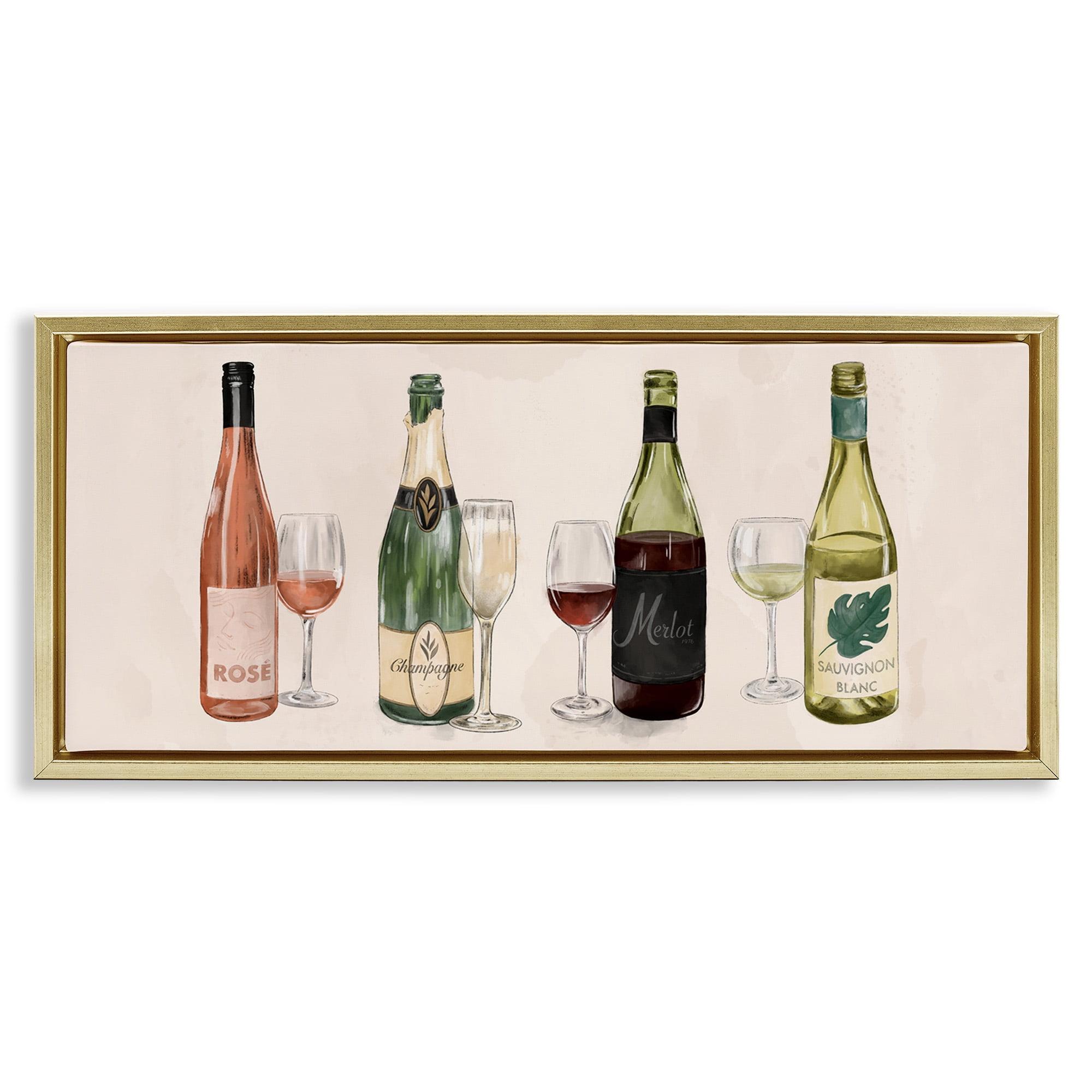 Stupell Industries Various Wine & Champagne Bottles Food & Beverage Painting Gold Floater Framed Canvas Art Print Wall Art, 25 x 11