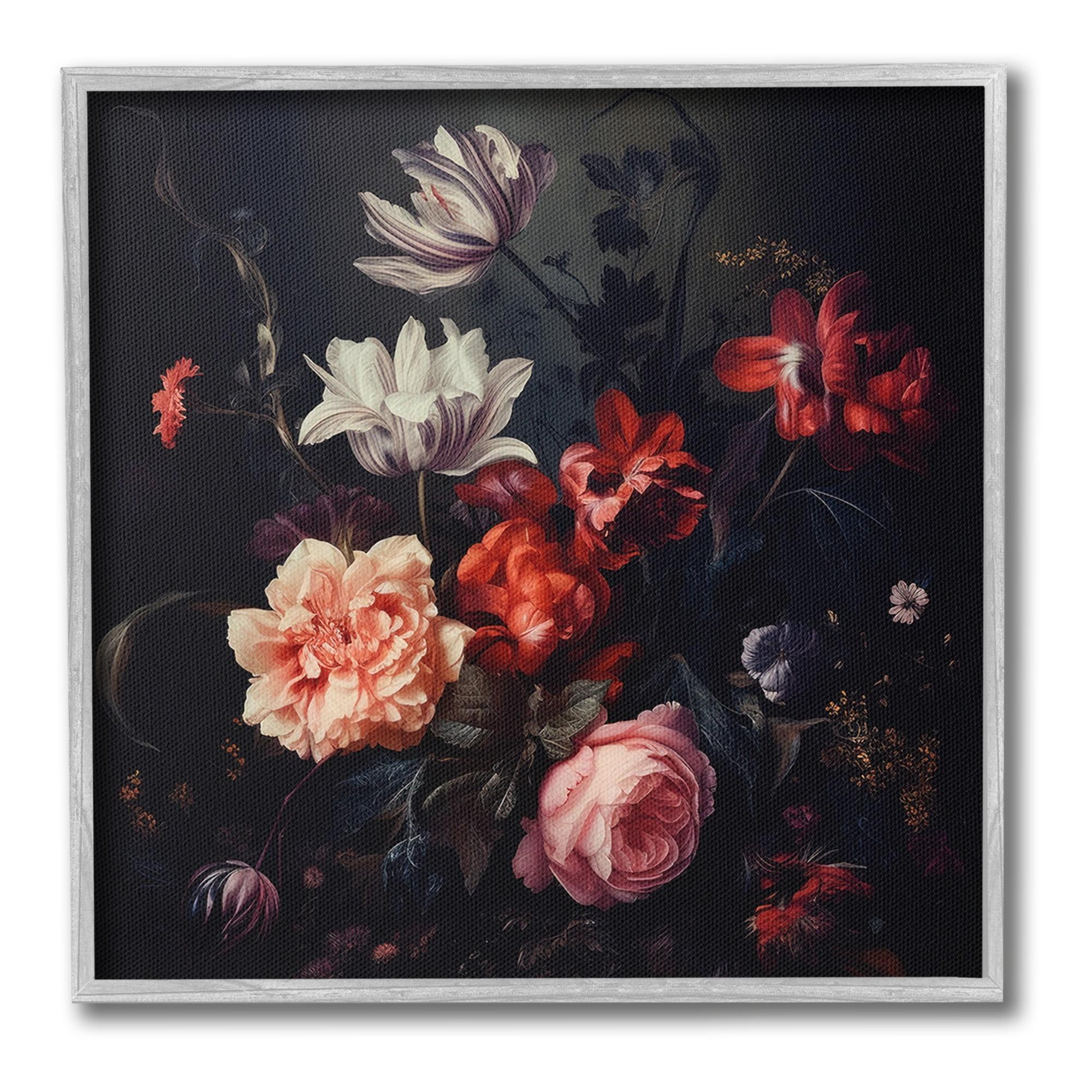 Victorian Floral Elegance Gray Framed Canvas Print, 12 x 12