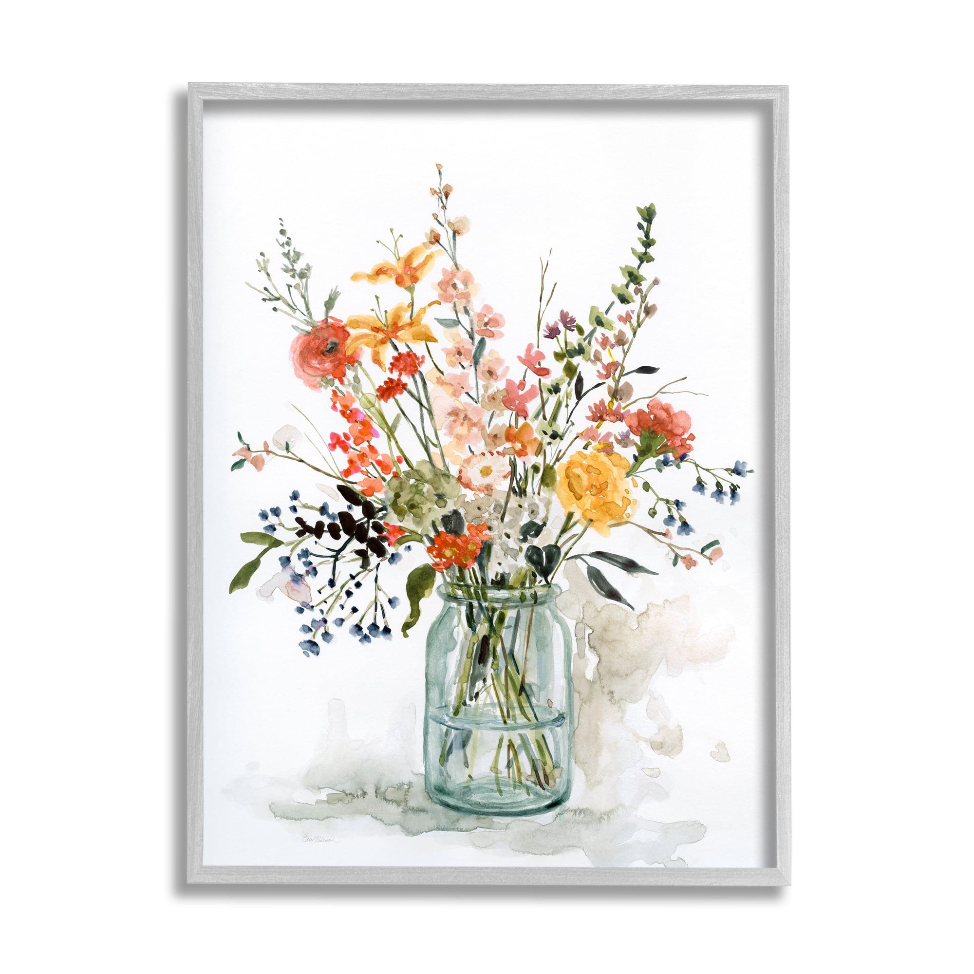 Warm Summer Meadow Floral Bouquet Canvas Print with Gray Frame