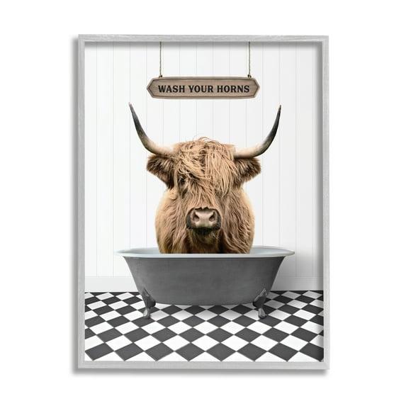 Stupell Industries Wash Your Horns Bathroom Animals & Insects Painting Gray Framed Art Print Wall Art, 11 x 14