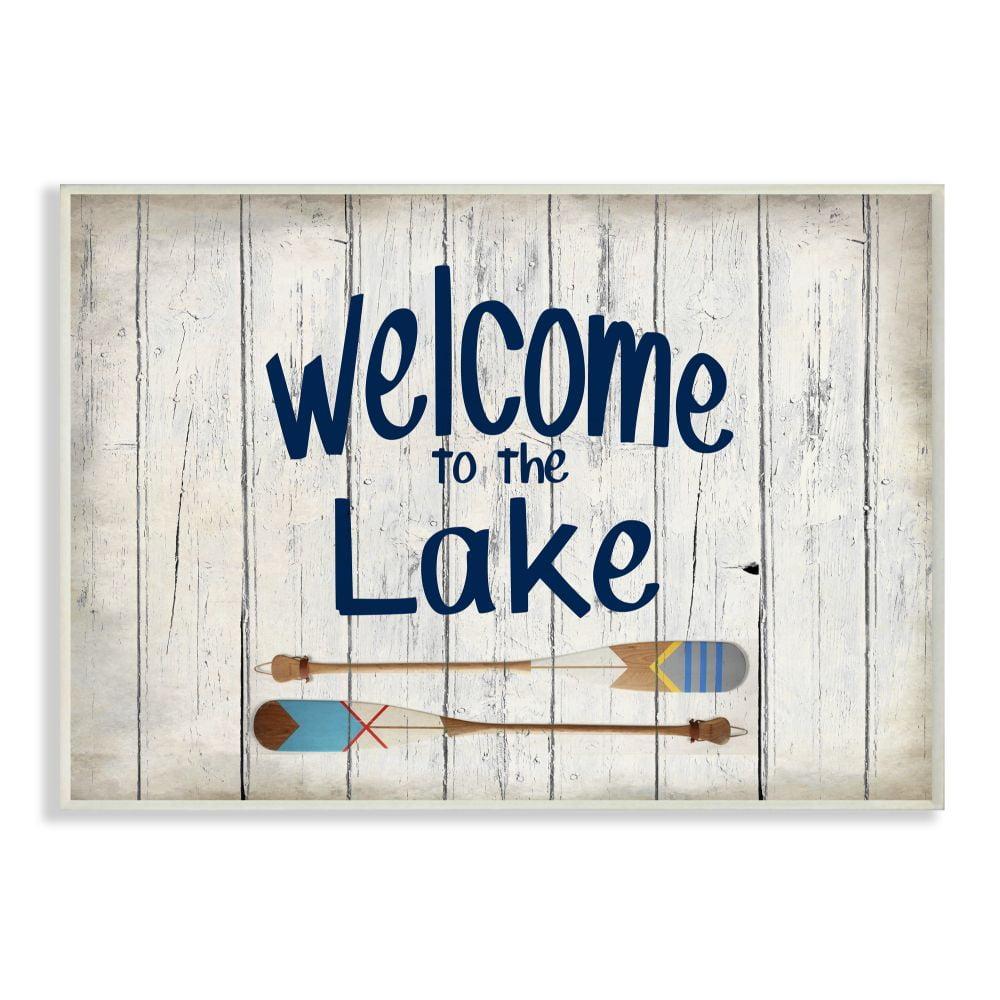 Stupell Industries Welcome to Lake Greeting Boat Oars Lakehouse Blue Greeting Graphic Art Unframed Art Print Wall Art, 13x19, by Kim Allen
