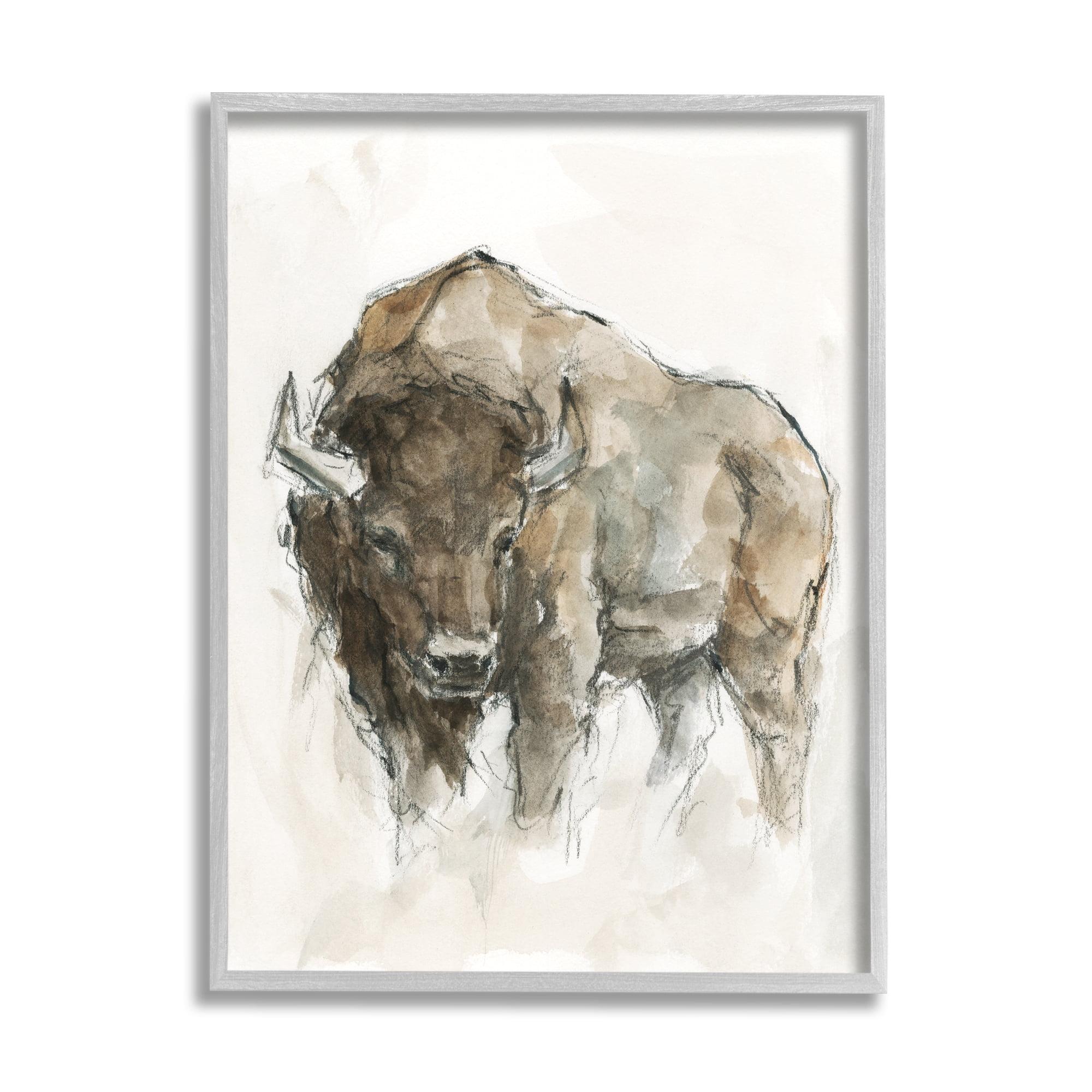 Western American Buffalo Brown Animal Painting with Gray Frame, 24x30