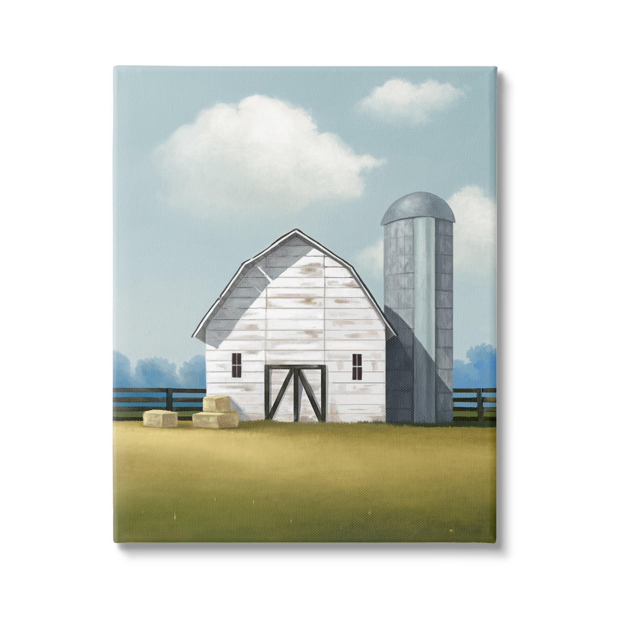 Stupell Industries White Barn with Hay Stacks Landscape Painting Gallery Wrapped Canvas Art Print Wall Art, 16 x 20