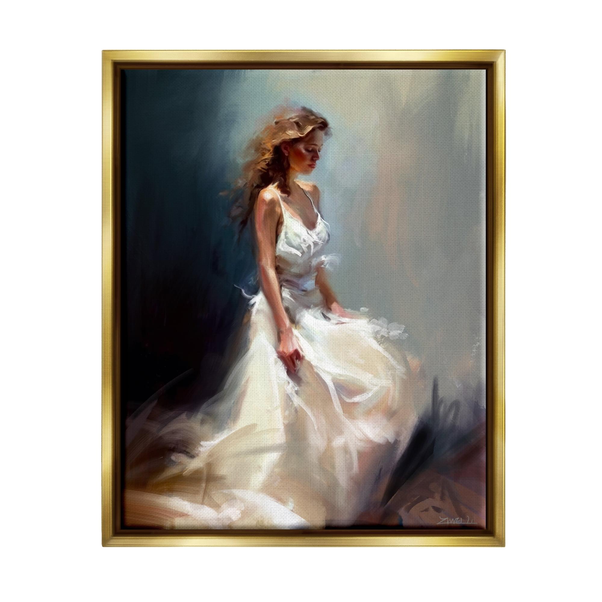 Elegant White Evening Gown Canvas Art with Gold Frame