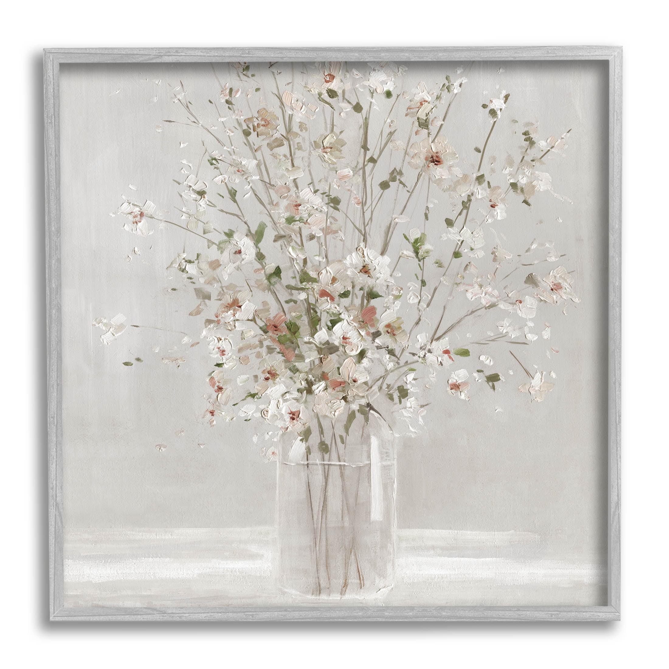 White Flower Vase Arrangement on Canvas with Gray Frame