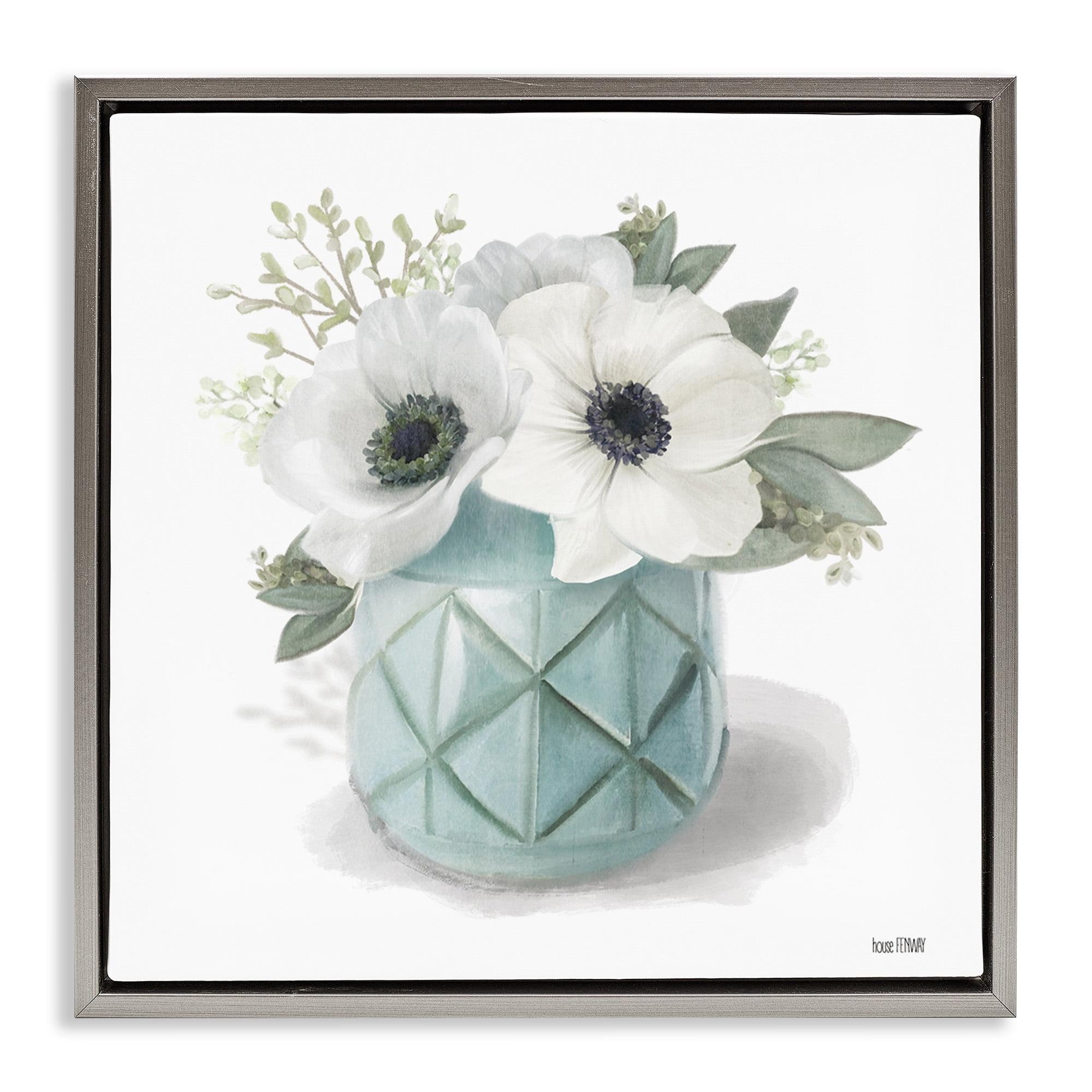 Stupell Industries White Flowers in Turquoise Vase Botanical & Floral Painting Gray Floater Framed Canvas Art Print Wall Art, 25 x 25