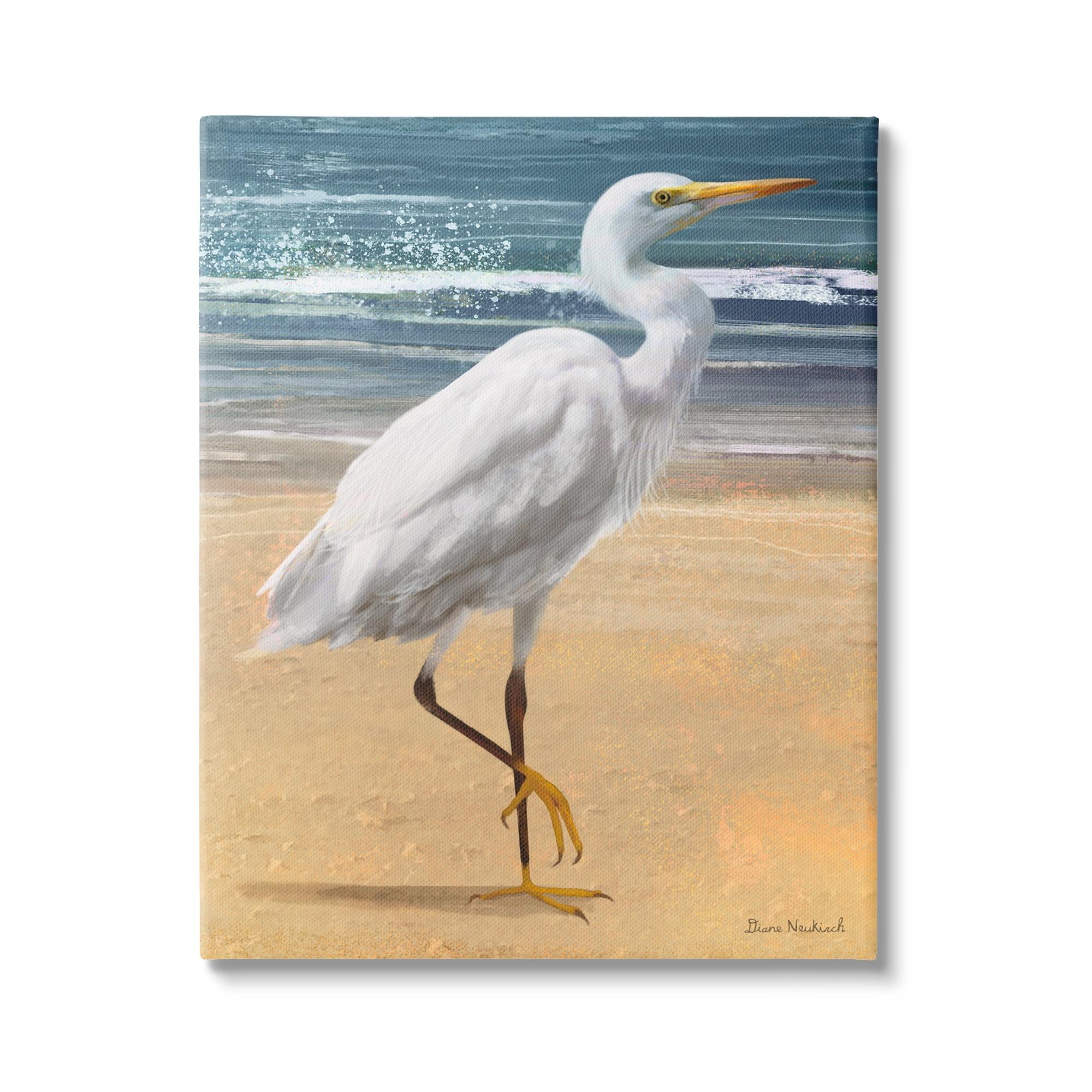 Stupell Industries " White Heron Bird Standing Beach Shoreline Waves " by Diane Neukirch Painting Print