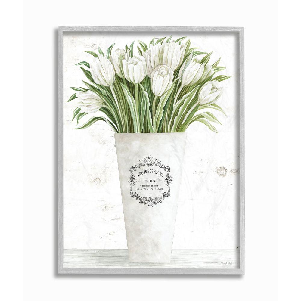 Stupell Industries White Tulip Bouquet in Parisian Vase Floral Arrangement Framed Wall Art Design by Cindy Jacobs, 11" x 14", Gray Framed