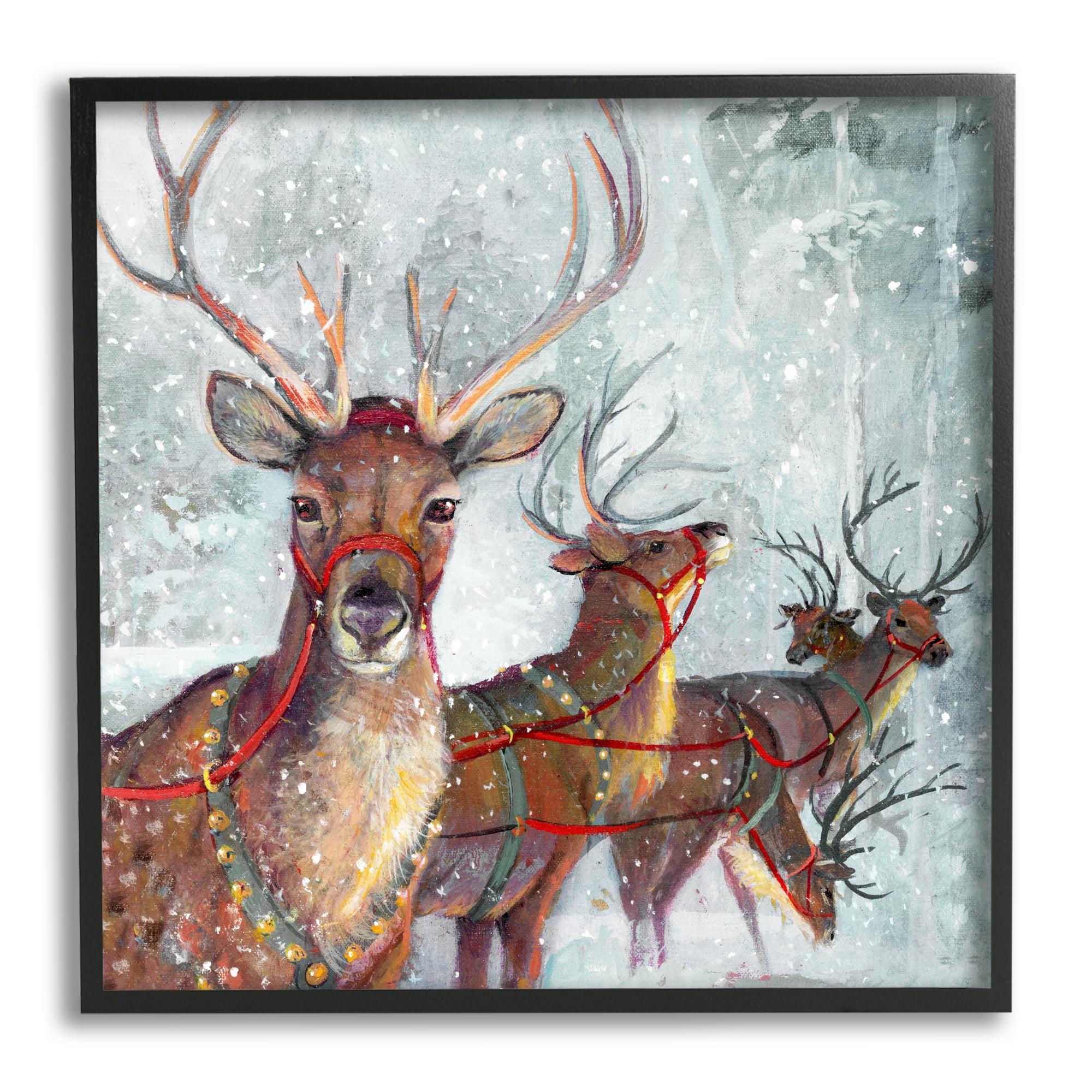 Winter Reindeer Holiday Landscape Canvas Print in Black Frame