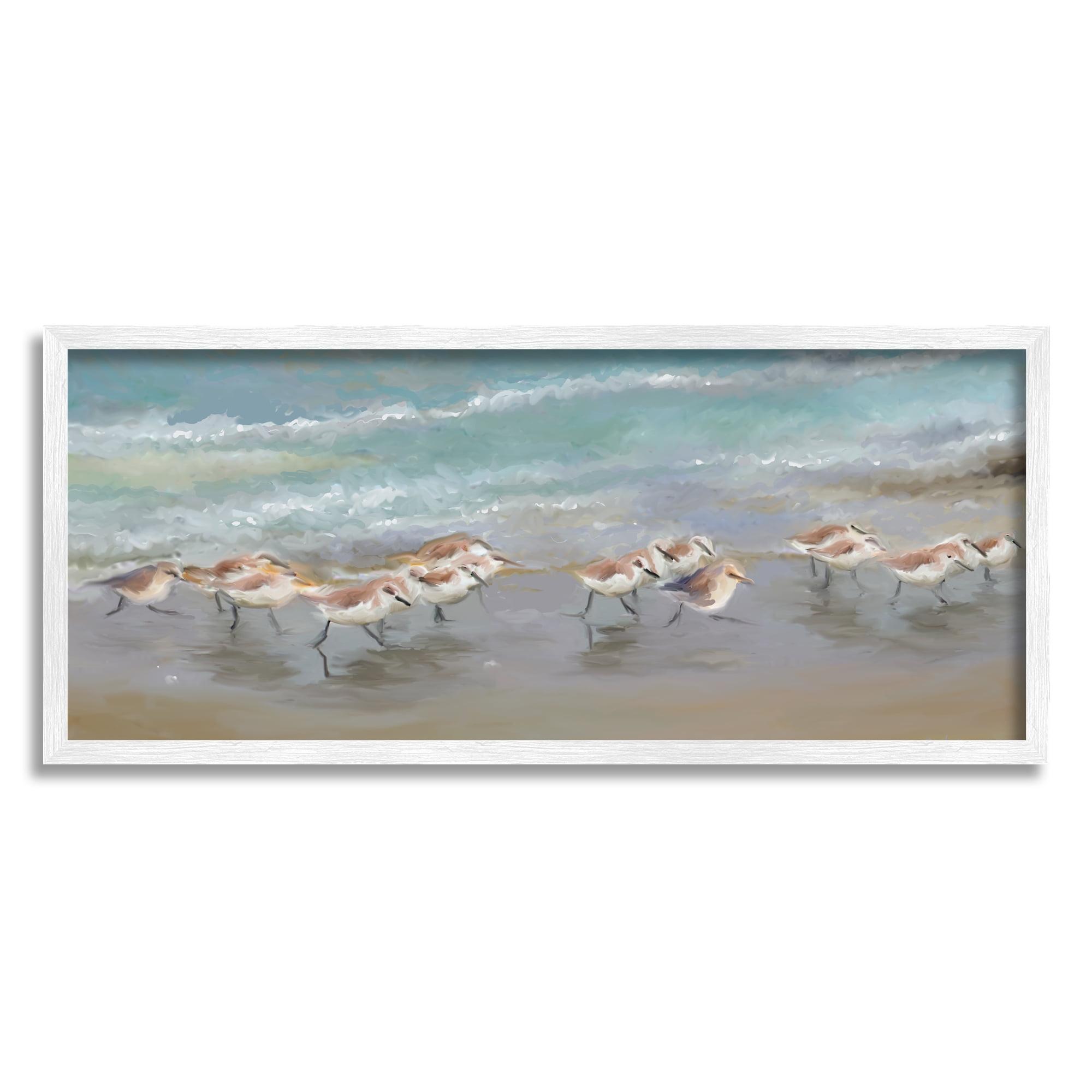 Stupell Sandpiper Flock Shoreline Splashing Landscape Painting White Framed Art Print Wall Art