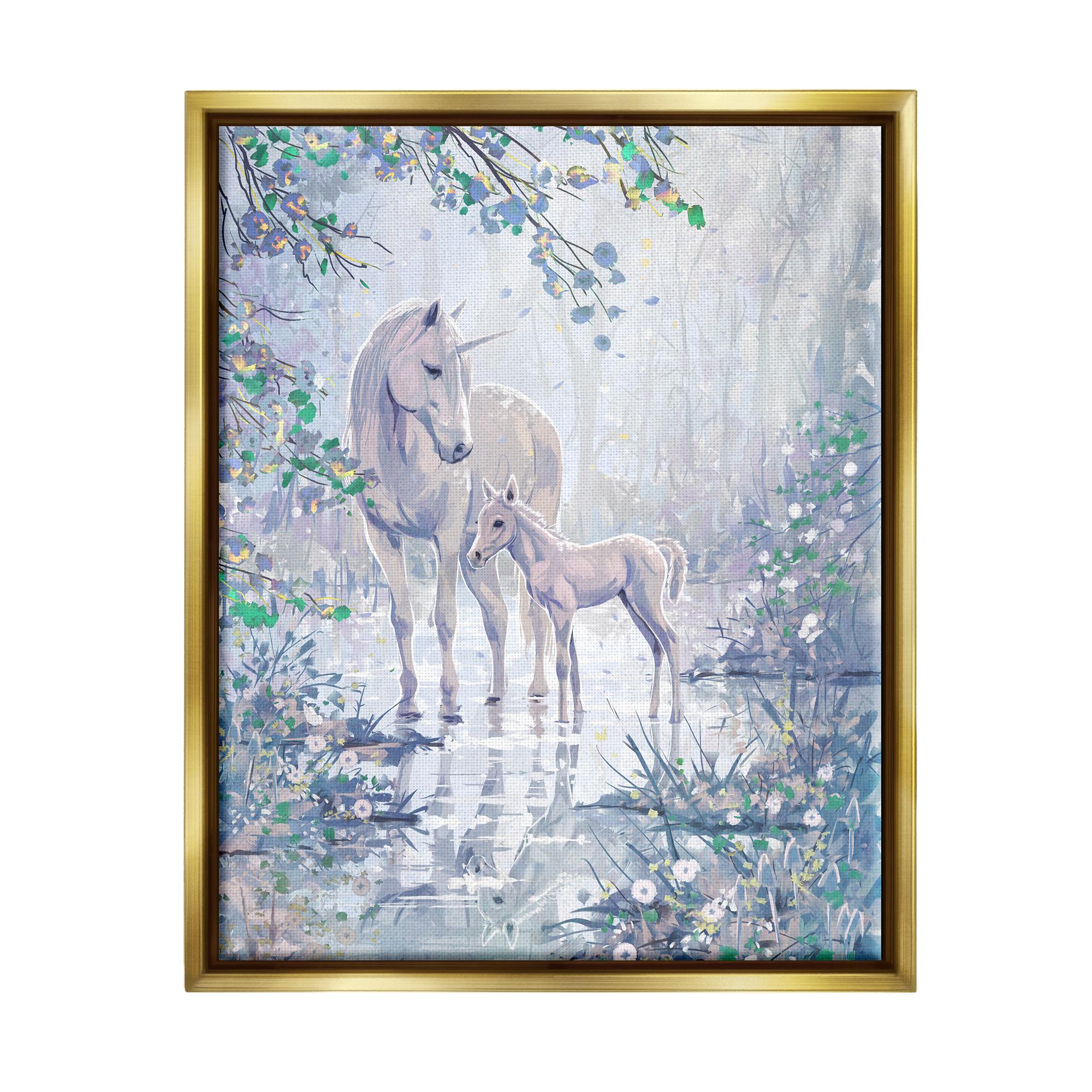 Stupell Unicorn Magical Forest Meadow Fairy Tales & Fantasy Painting Gold Floater Framed Art Print Wall Art