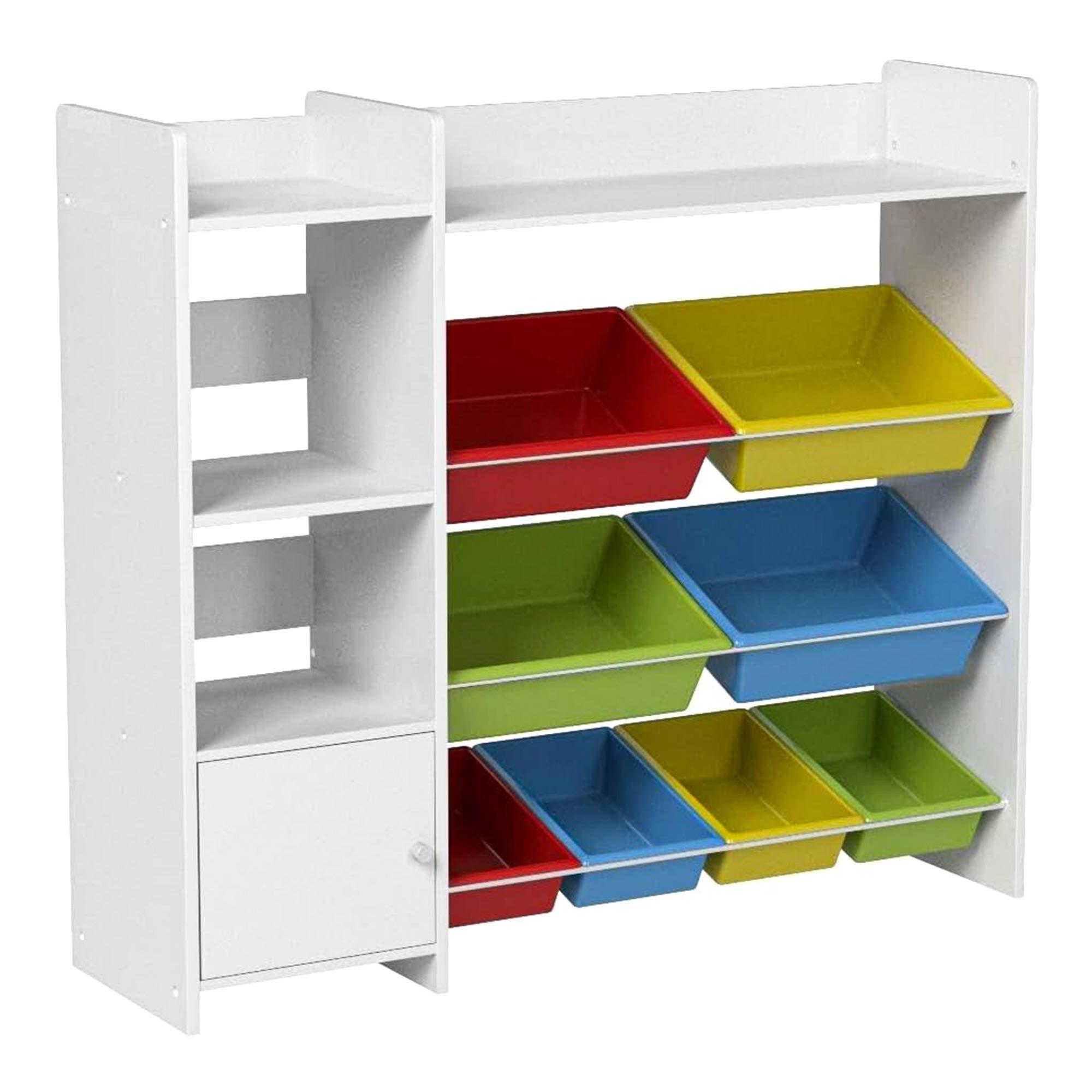 Sturdis Toy Storage Organizer with Bookshelf, Kids Playroom Organization Shelving Unit with Removable Colorful Storage Bins & Anti-Tip Bracket, White