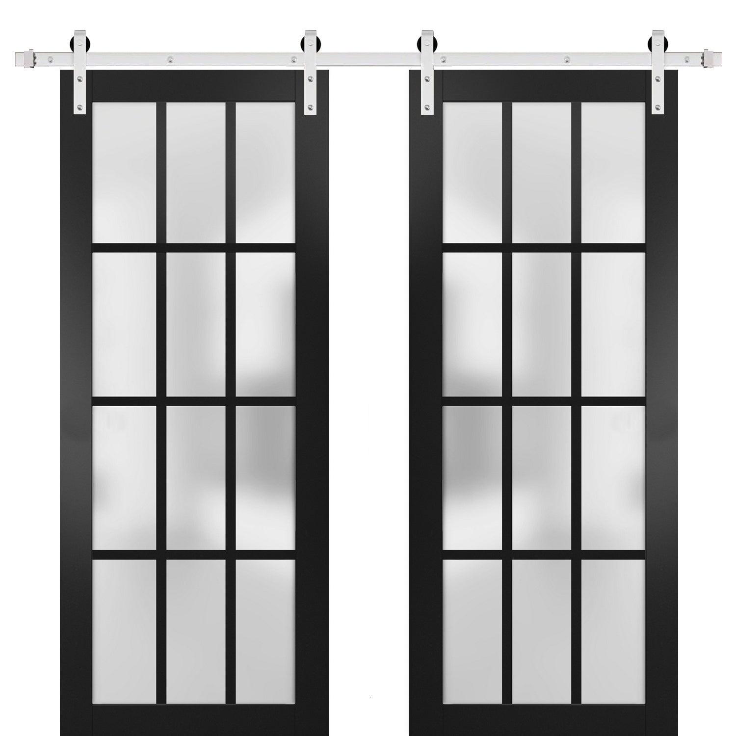 Sturdy Double Barn Door with Frosted Glass 12 Lites | Felicia 3312 Matte Black | 13FT Rail Hangers Heavy Set | Solid Panel Interior Doors-36" x 84" (2* 18x84)-Silver Rail
