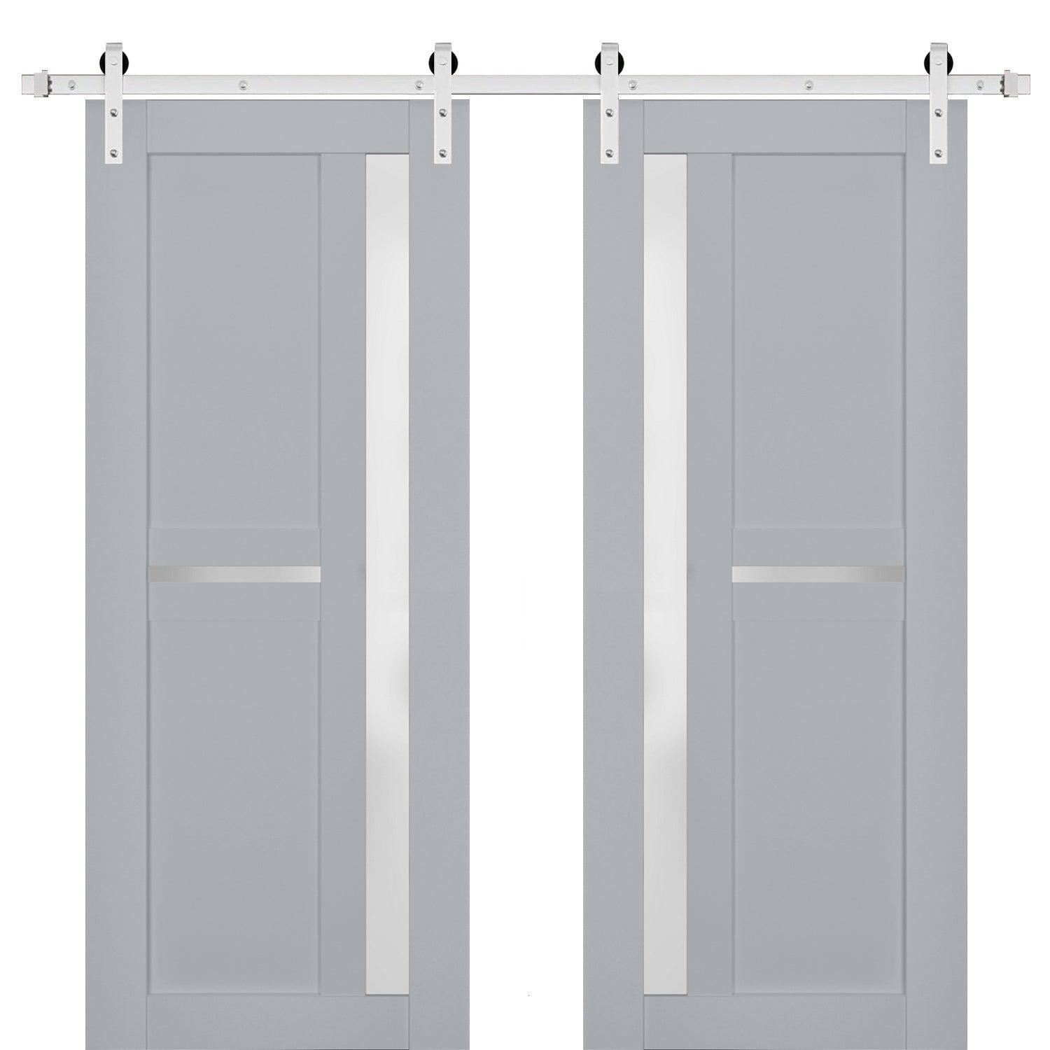 Sturdy Double Barn Door with Frosted Glass | Veregio 7288 Matte Grey | 13FT Rail Hangers Heavy Set | Solid Panel Interior Doors-72" x 84" (2* 36x84)-Silver Rail