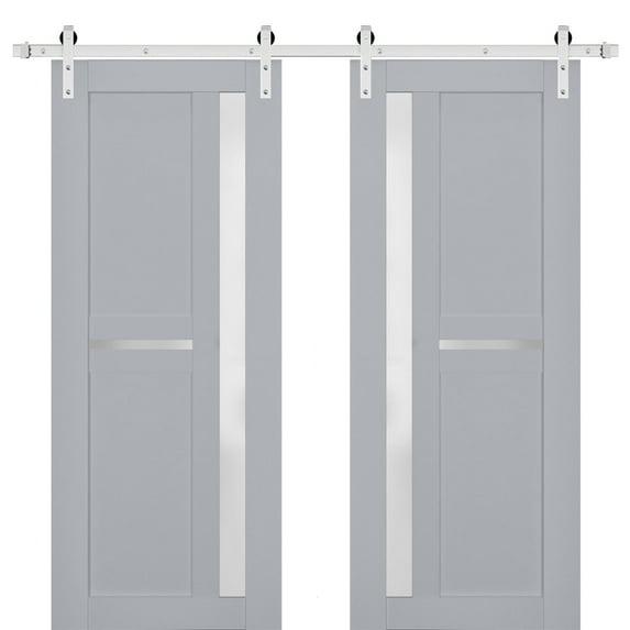 Sturdy Double Barn Door with Frosted Glass | Veregio 7288 Matte Grey | 13FT Rail Hangers Heavy Set | Solid Panel Interior Doors-72" x 84" (2* 36x84)-Silver Rail