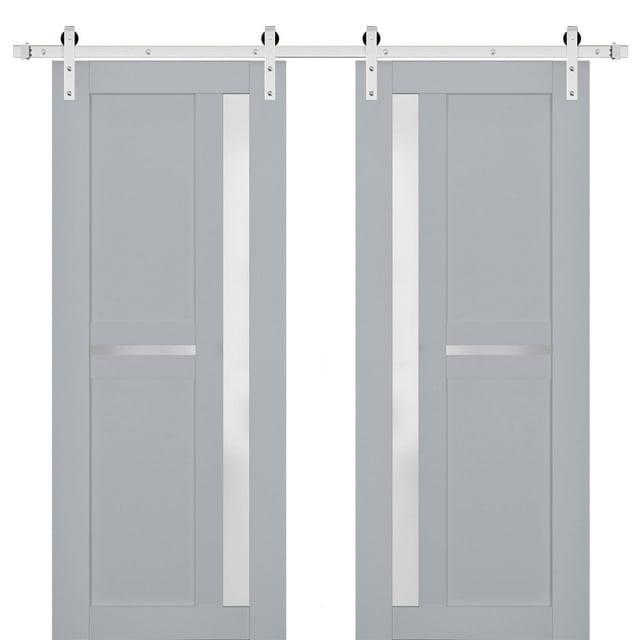 Sturdy Double Barn Door with Frosted Glass | Veregio 7288 Matte Grey | 13FT Rail Hangers Heavy Set | Solid Panel Interior Doors-72" x 84" (2* 36x84)-Silver Rail