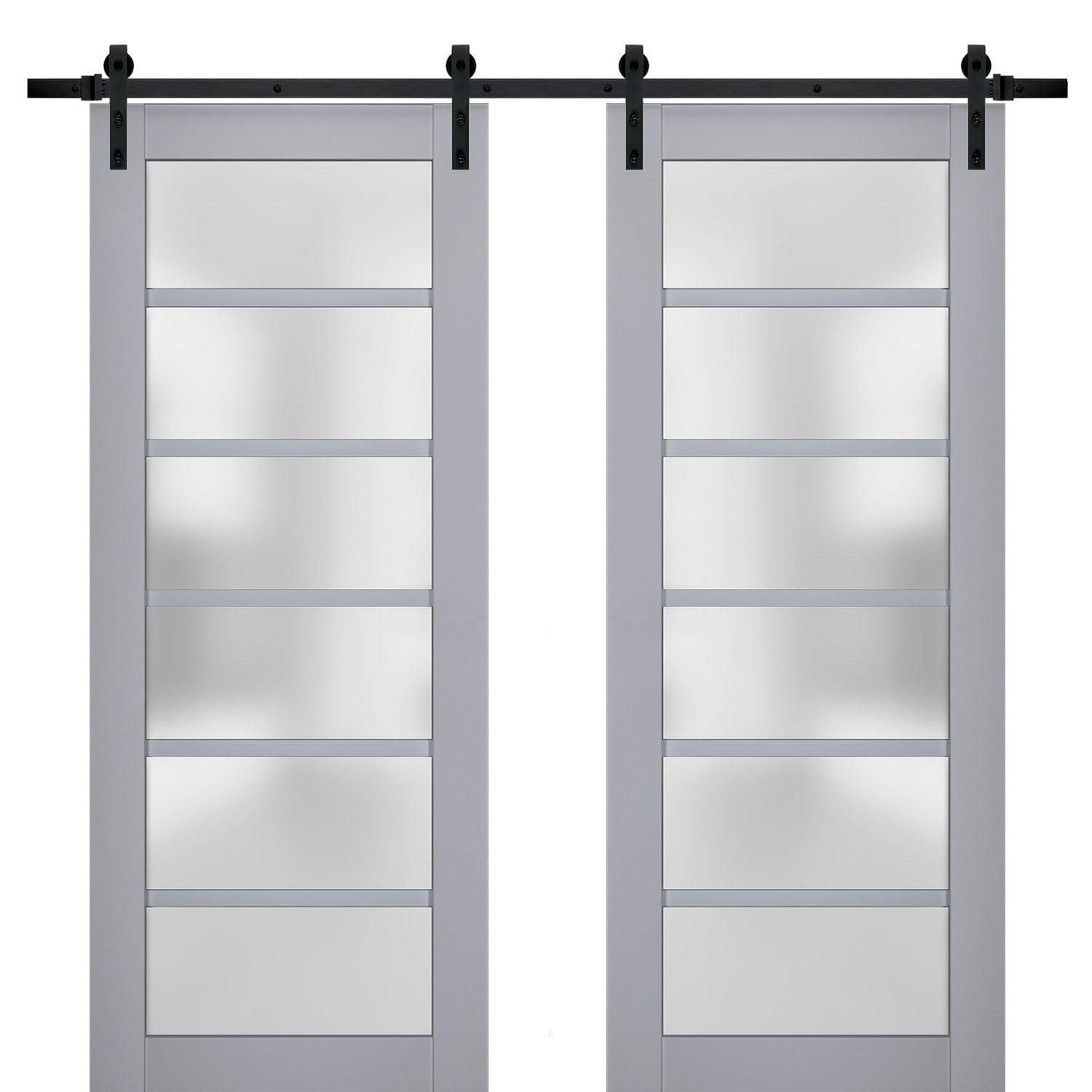 Sturdy Double Barn Door with Frosted Glass | Veregio 7602 Matte Grey | 13FT Rail Hangers Heavy Set | Solid Panel Interior Doors-64" x 84" (2* 32x84)-Black Rail