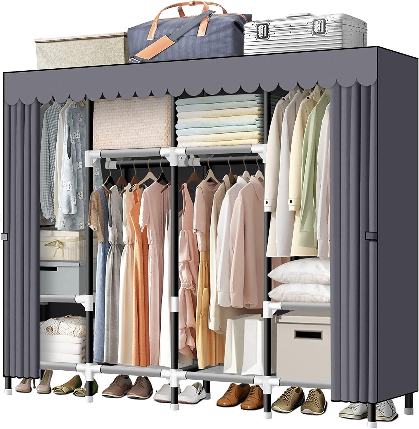 Gray Portable Wardrobe Closet with Hanging Rods and Shelves