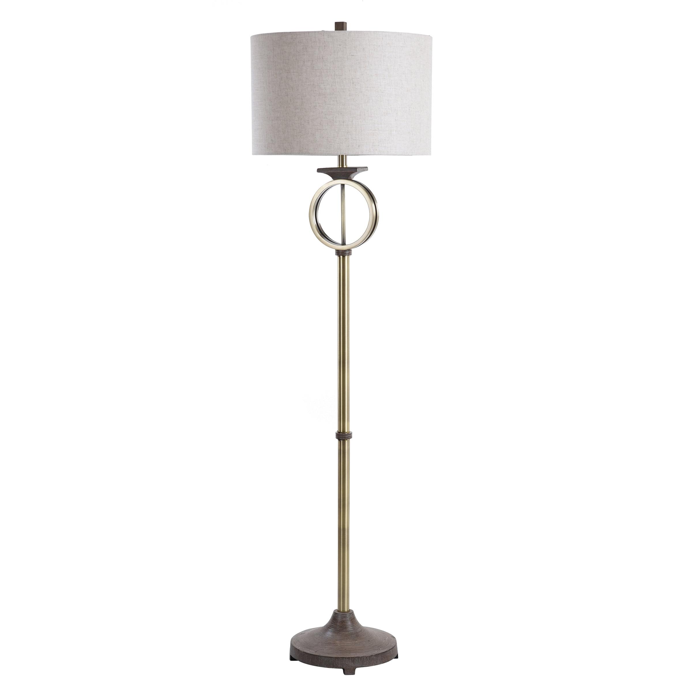 65" White Linen and Brass Floor Lamp with Wood Accents