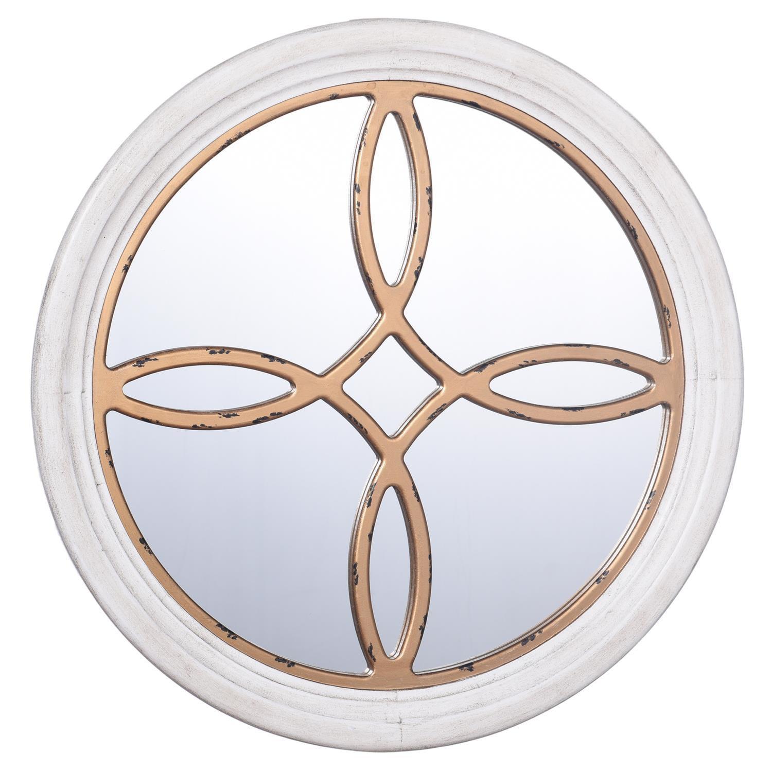 Distressed Gold & White Round Wooden Wall Mirror - 26"