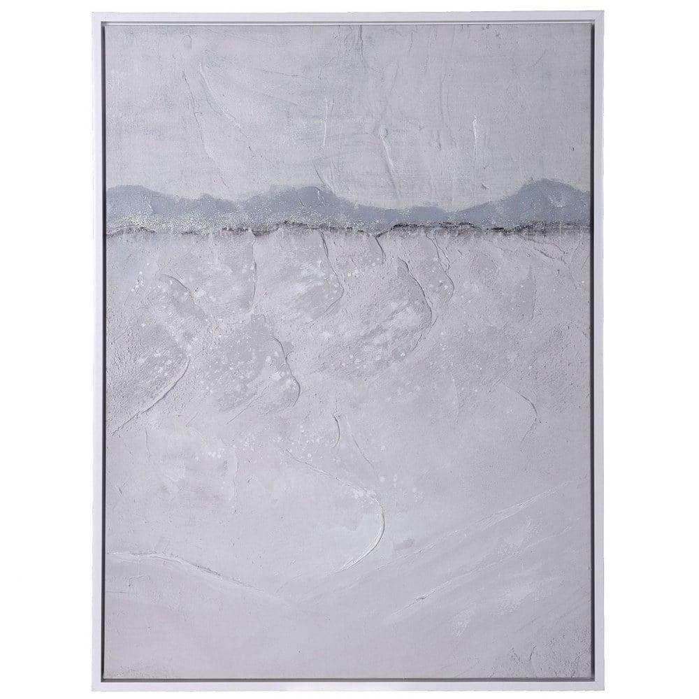 Silky Horizon Hand Painted Framed Canvas White - StyleCraft: Contemporary Abstract Art, Grey Frame, 48"x36"